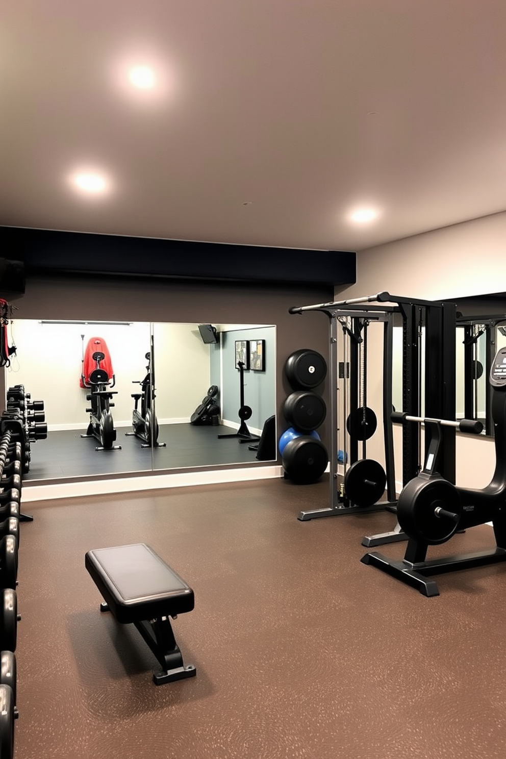 Create a functional layout for easy movement in a basement gym. The space features a rubber flooring surface, ample room for free weights, and a dedicated area for cardio equipment.