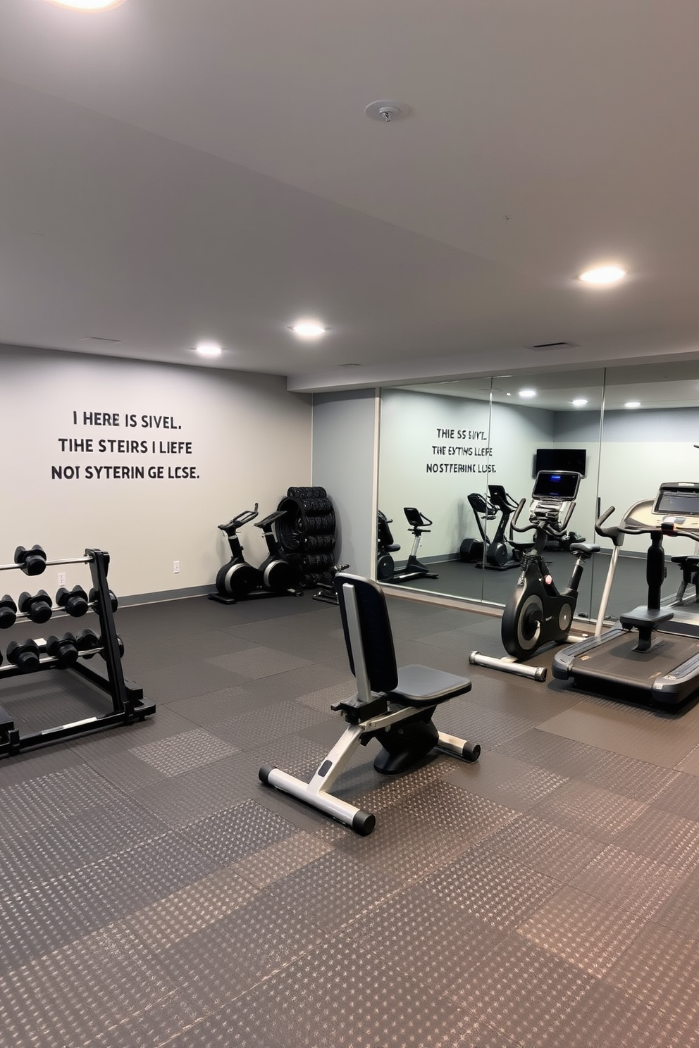 A modern basement gym featuring rubber flooring for comfort and safety. The space includes a variety of exercise equipment such as free weights, a treadmill, and a stationary bike, all arranged for optimal functionality. Bright overhead lighting illuminates the area, while large mirrors on one wall create an open feel. The walls are painted in a calming gray tone, and a motivational quote is displayed prominently for inspiration.