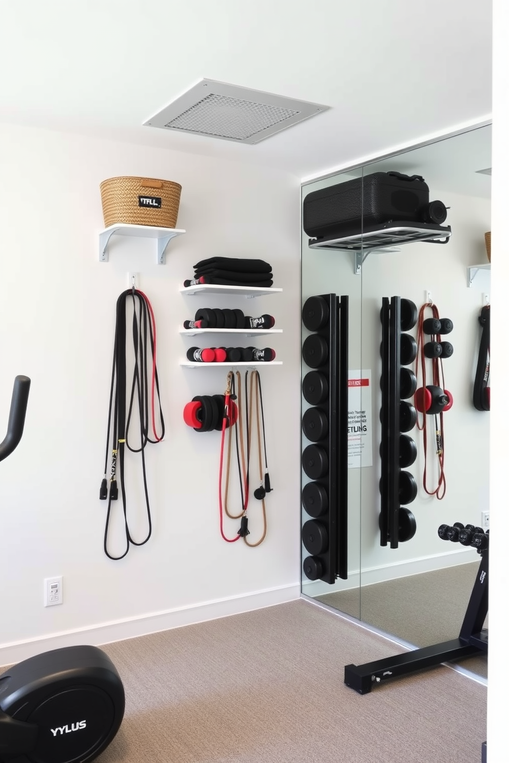 A modern basement gym featuring wall-mounted storage solutions that keep equipment organized and accessible. The walls are painted in a bright white color, enhancing the spacious feel of the area while large mirrors reflect the light and create an inviting atmosphere.