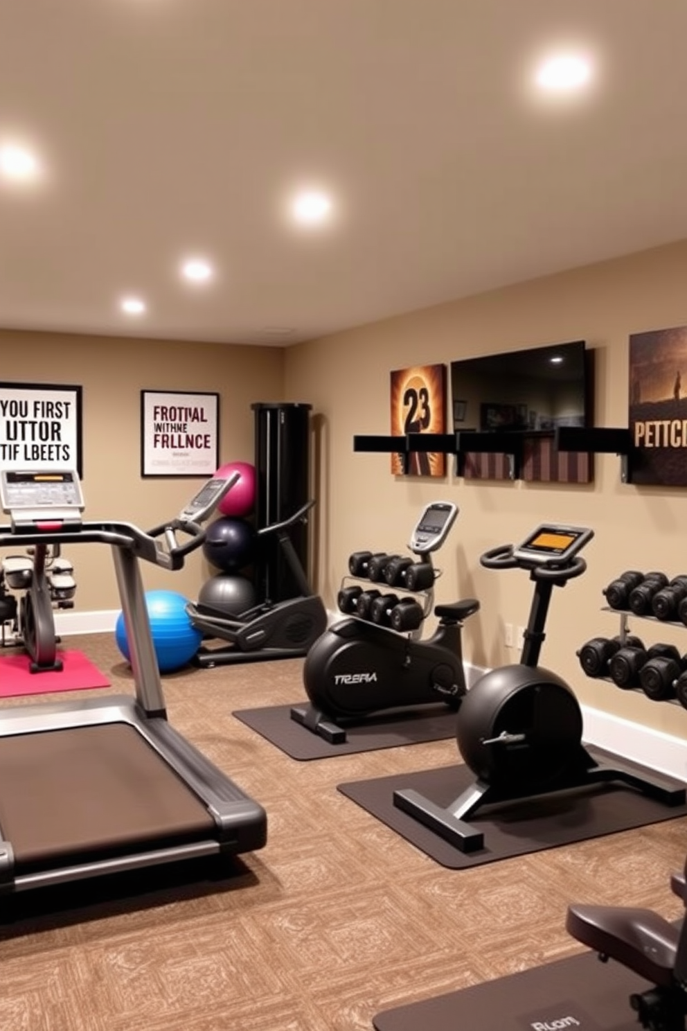 Design a basement gym that designates zones for different workouts. Include a cardio area with a treadmill and stationary bike, separated from a strength training zone featuring free weights and resistance machines. Incorporate a stretching area with yoga mats and stability balls, ensuring ample space for movement. Use bright lighting and motivational wall art to create an energizing atmosphere throughout the gym.