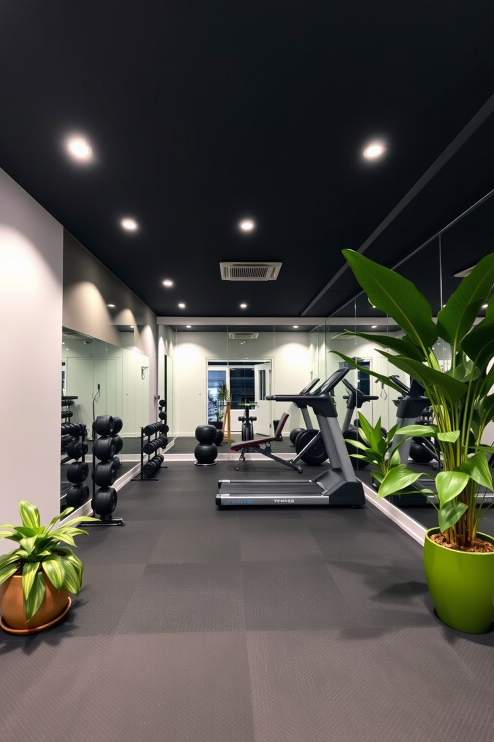 A modern basement gym with sleek black rubber flooring and mirrored walls to create an open feel. The space features a variety of workout equipment including a treadmill, free weights, and a yoga mat, all arranged for optimal functionality. In one corner, a large potted plant adds a refreshing touch of nature, complementing the industrial-style shelving that holds fitness accessories. Soft LED lighting illuminates the space, creating an inviting atmosphere for workouts.