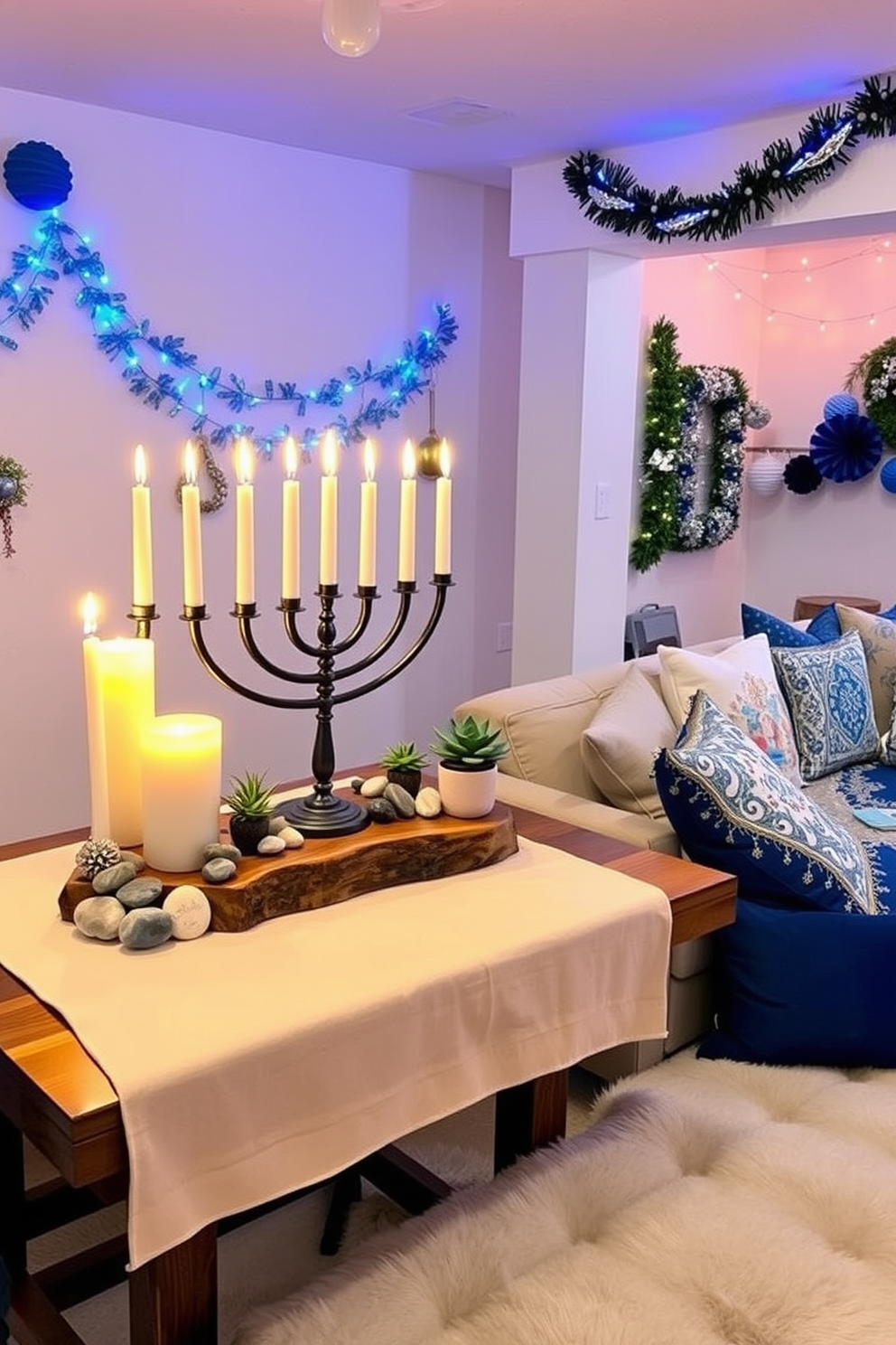 A cozy candlelit menorah display is set on a rustic wooden table adorned with a soft cream tablecloth. Surrounding the menorah are decorative stones and small potted plants, creating a warm and inviting atmosphere. The basement is decorated with festive blue and silver accents, including garlands and string lights that add a cheerful glow. Plush seating with colorful throw pillows invites family and friends to gather and celebrate the holiday together.