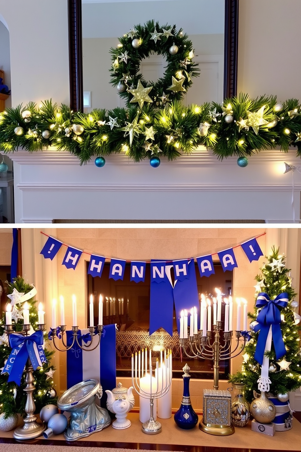 A charming holiday garland adorned with twinkling stars drapes elegantly across the mantelpiece. Soft, warm lights illuminate the festive display, creating a cozy atmosphere for family gatherings. In the basement, Hanukkah decorations feature a blend of traditional blue and white colors. Menorahs and dreidels are artfully arranged, complemented by festive banners and shimmering silver accents.