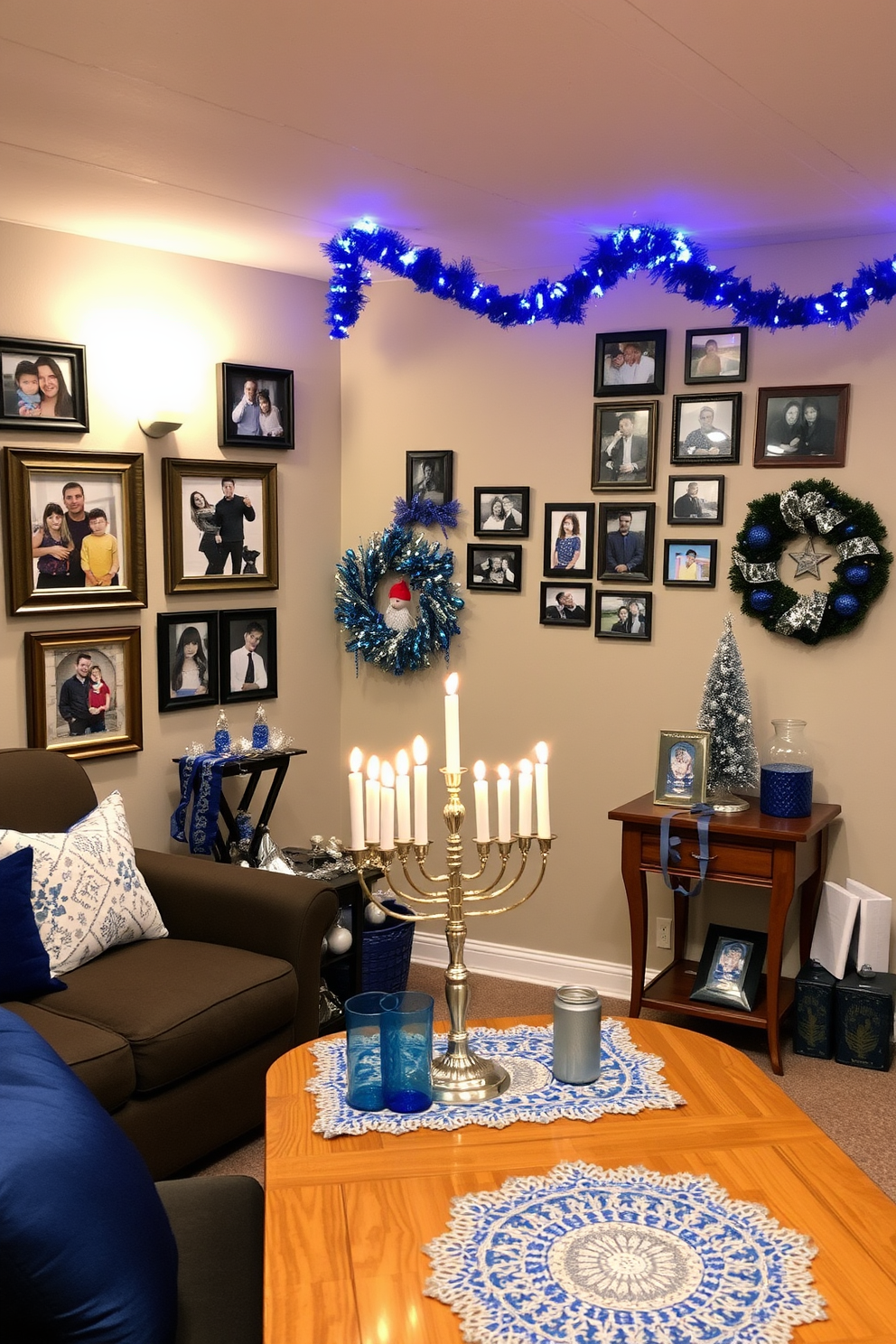 A cozy basement space designed for family gatherings. The walls are adorned with a personalized photo display featuring framed pictures of family memories, creating a warm and inviting atmosphere. Festive Hanukkah decorations are tastefully arranged throughout the room. A beautifully lit menorah sits on a wooden table, surrounded by blue and silver accents that enhance the holiday spirit.