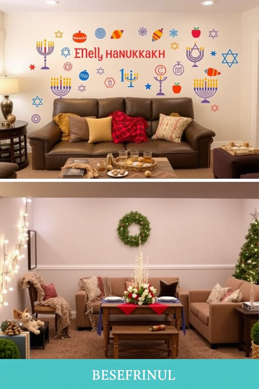 Stylish Hanukkah-themed wall decals adorn the walls, featuring vibrant colors and festive symbols such as menorahs and dreidels. The decals create a warm and inviting atmosphere, perfect for celebrating the holiday with family and friends. In the basement, cozy seating arrangements are complemented by twinkling string lights and a beautifully decorated Hanukkah table. Soft textiles and festive accents enhance the overall decor, making it a delightful gathering space for holiday festivities.