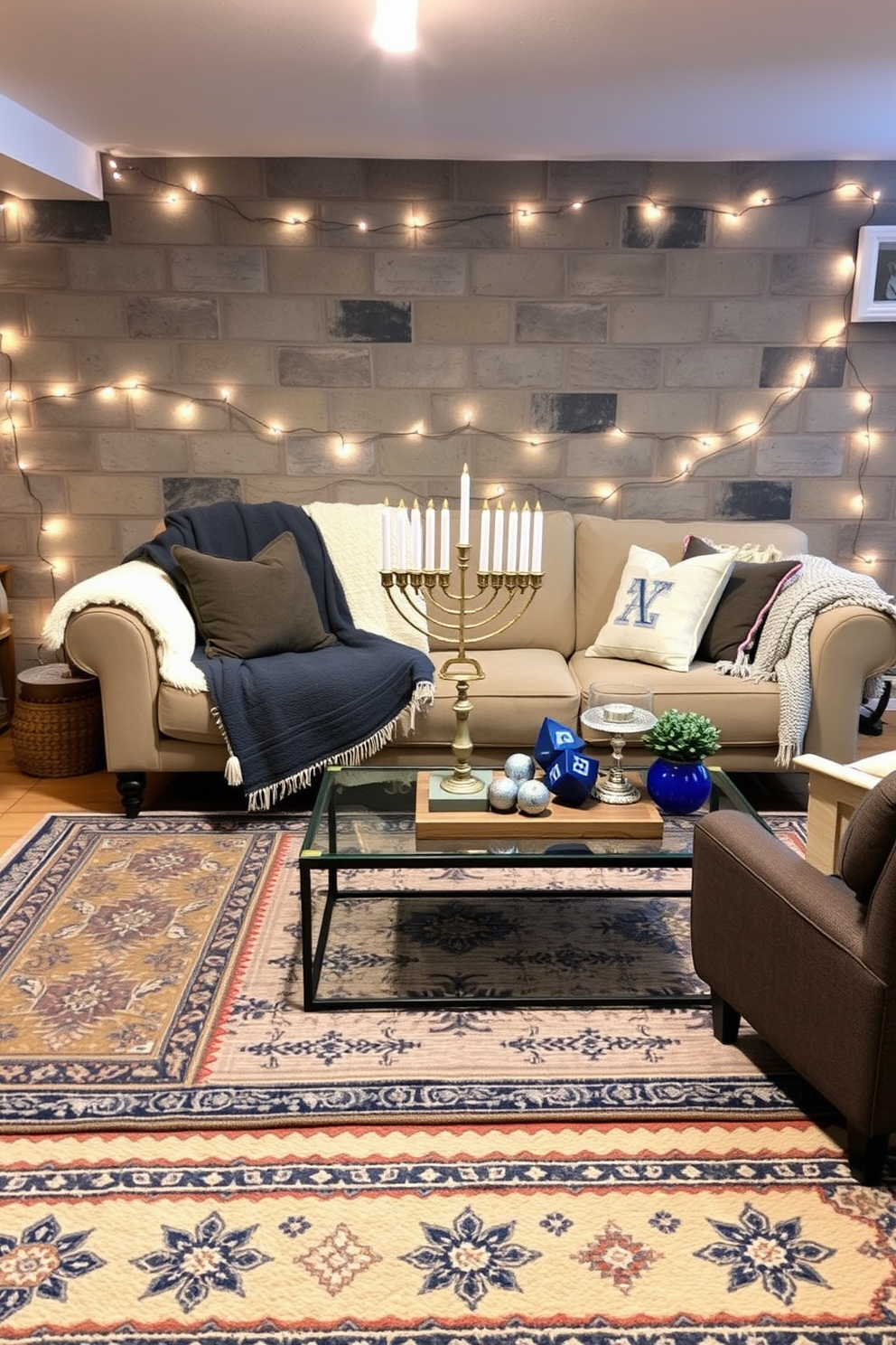 Layered textures create a cozy atmosphere in a basement setting. Soft blankets are draped over a plush sofa, while a variety of rugs in different patterns and colors are layered on the floor to add warmth and depth. For Hanukkah decorating ideas, string lights are hung along the walls to create a festive glow. A beautifully arranged menorah sits on a coffee table, surrounded by decorative dreidels and festive blue and silver accents.