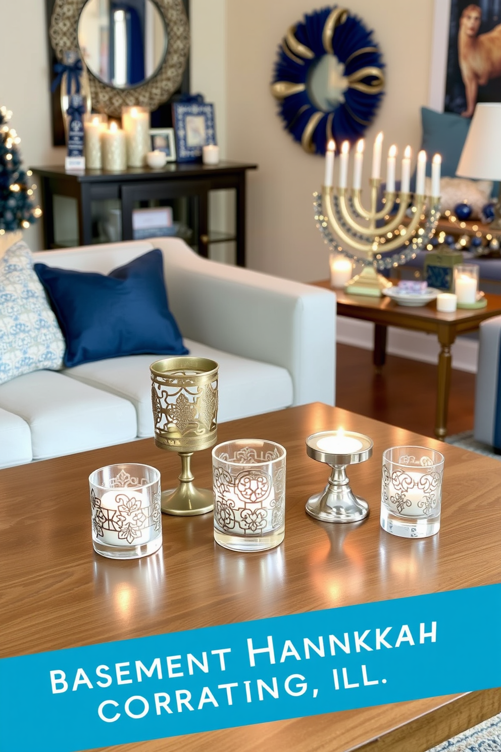 A cozy basement space designed for Hanukkah celebrations. The walls are adorned with a large interactive chalkboard, inviting family and friends to leave holiday messages and drawings. Festive decorations in blue and silver tones create a warm atmosphere. Soft seating arrangements with plush cushions are set up for gatherings, complemented by twinkling fairy lights overhead.