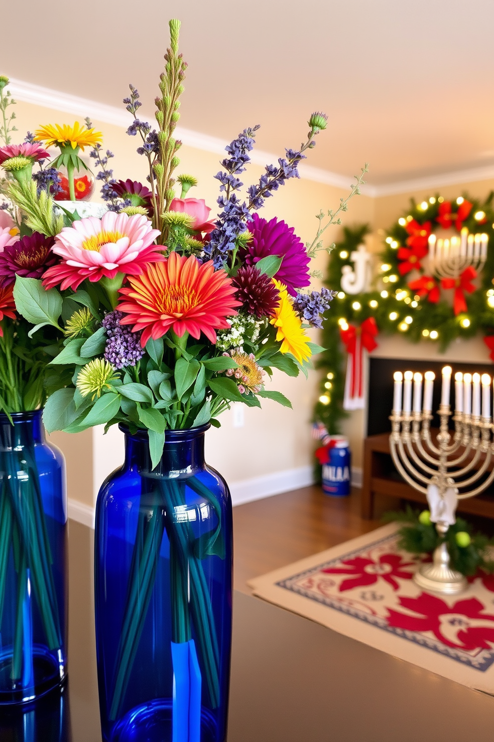 Seasonal floral arrangements in blue vases. The vibrant flowers are artfully arranged, showcasing a mix of seasonal blooms that complement the deep blue of the vases. Basement Hanukkah decorating ideas. The space is transformed with string lights, a beautifully adorned menorah, and festive decorations that create a warm and inviting atmosphere.