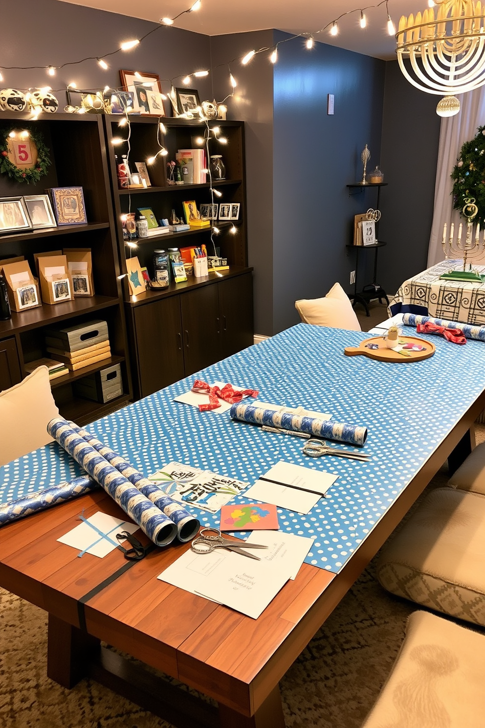 A unique Hanukkah gift wrapping station features a large wooden table covered with festive blue and silver wrapping paper. On the table, there are neatly organized rolls of wrapping paper, ribbons, and decorative scissors, alongside a selection of handmade cards. For basement Hanukkah decorating ideas, the space is adorned with string lights that cast a warm glow across the room. Colorful dreidels and menorahs are placed on shelves, while a cozy seating area is set up with plush cushions and a festive tablecloth.