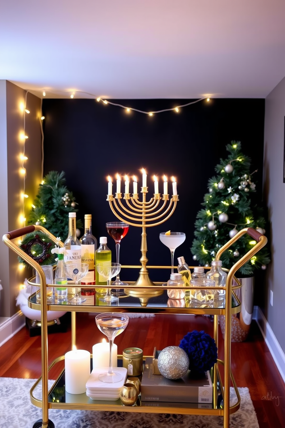 Chic bar cart with festive drinks. The cart features a sleek gold frame with a glass top, adorned with an array of colorful bottles and elegant glassware. Basement Hanukkah decorating ideas. The space is illuminated with warm white string lights, and a beautifully arranged menorah takes center stage on a cozy table surrounded by festive decorations.