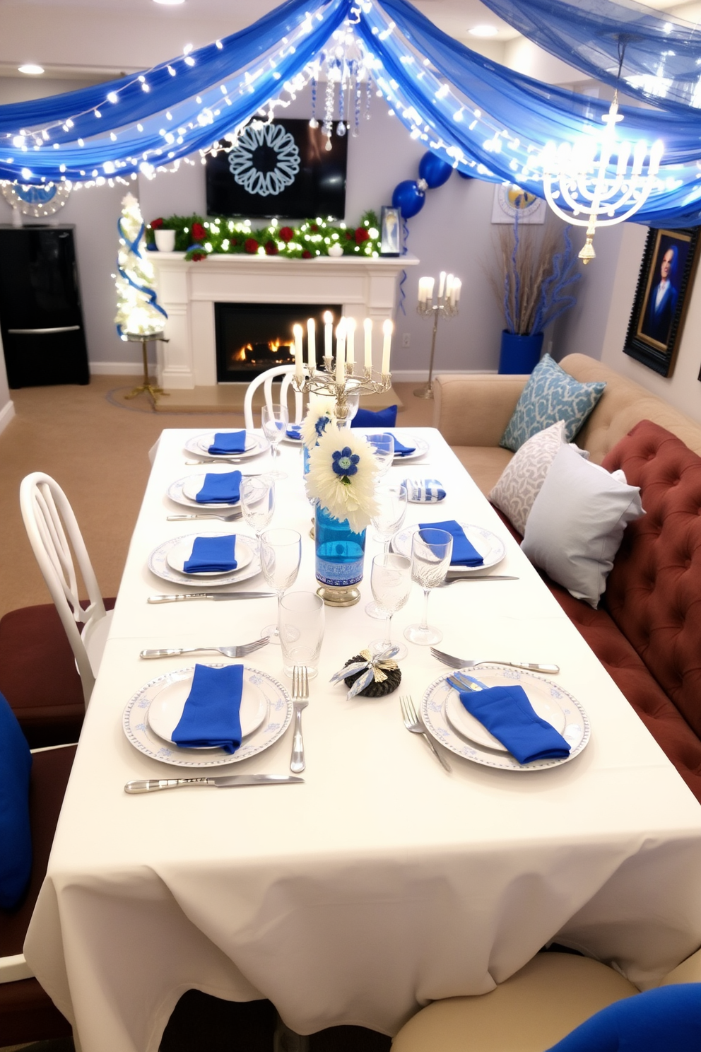 A blue and silver themed table setting features a sleek silver tablecloth draped elegantly across a long dining table. Centered on the table is a stunning arrangement of blue and silver ornaments, complemented by shimmering candles in silver holders. For basement Hanukkah decorating ideas, the space is adorned with blue and silver banners hanging from the ceiling. A cozy seating area is created with plush cushions in coordinating colors, inviting guests to gather and celebrate.