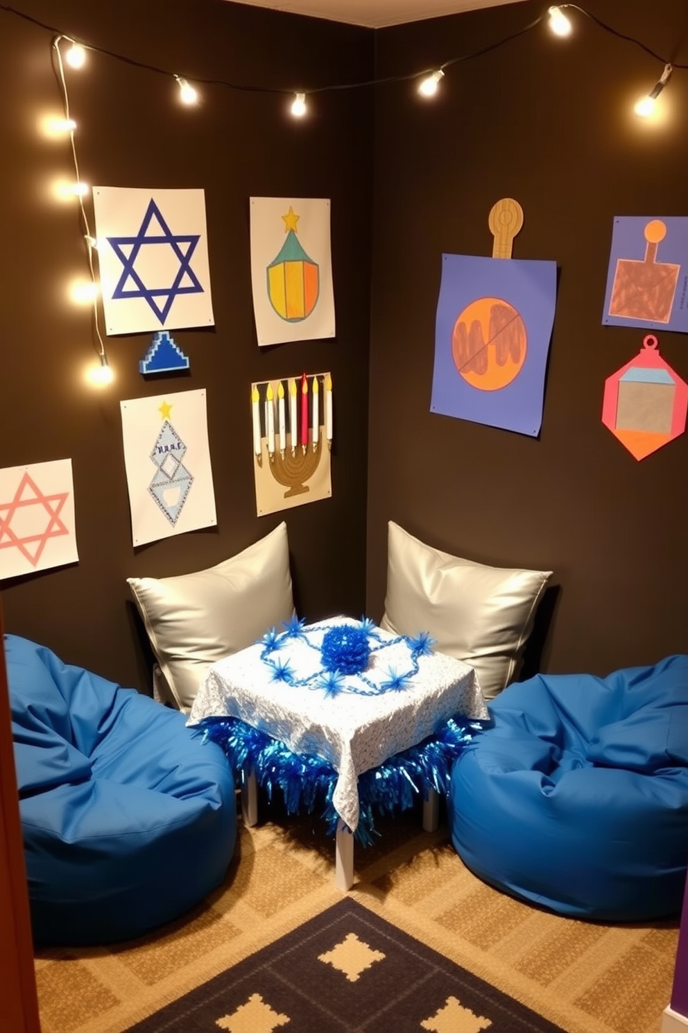 A cozy themed book nook designed for holiday stories. Plush seating is arranged around a small wooden table, with shelves filled with festive books and decorations. Soft string lights twinkle overhead, creating a warm ambiance. A small menorah sits on the table, surrounded by holiday-themed ornaments and cozy blankets.