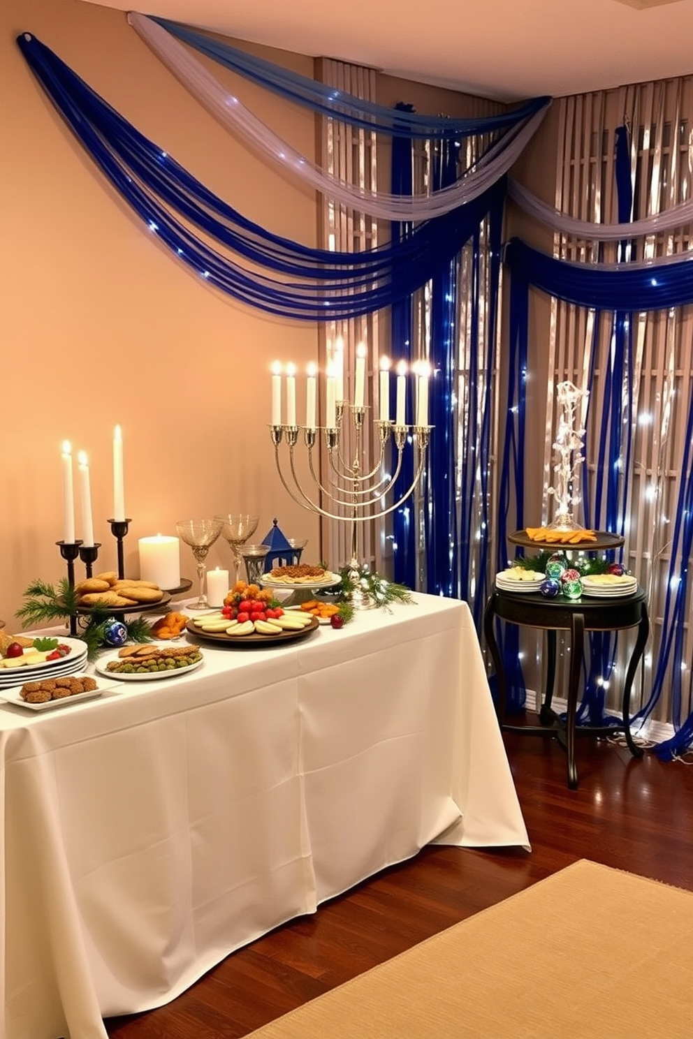 An elegant buffet setup for holiday treats features a long table draped in a crisp white tablecloth. The table is adorned with an array of festive platters filled with traditional foods, sparkling candles, and decorative greenery. For basement Hanukkah decorating ideas, the walls are draped with blue and silver streamers, creating a festive atmosphere. A large menorah is placed prominently on a side table, surrounded by twinkling fairy lights and colorful dreidels.