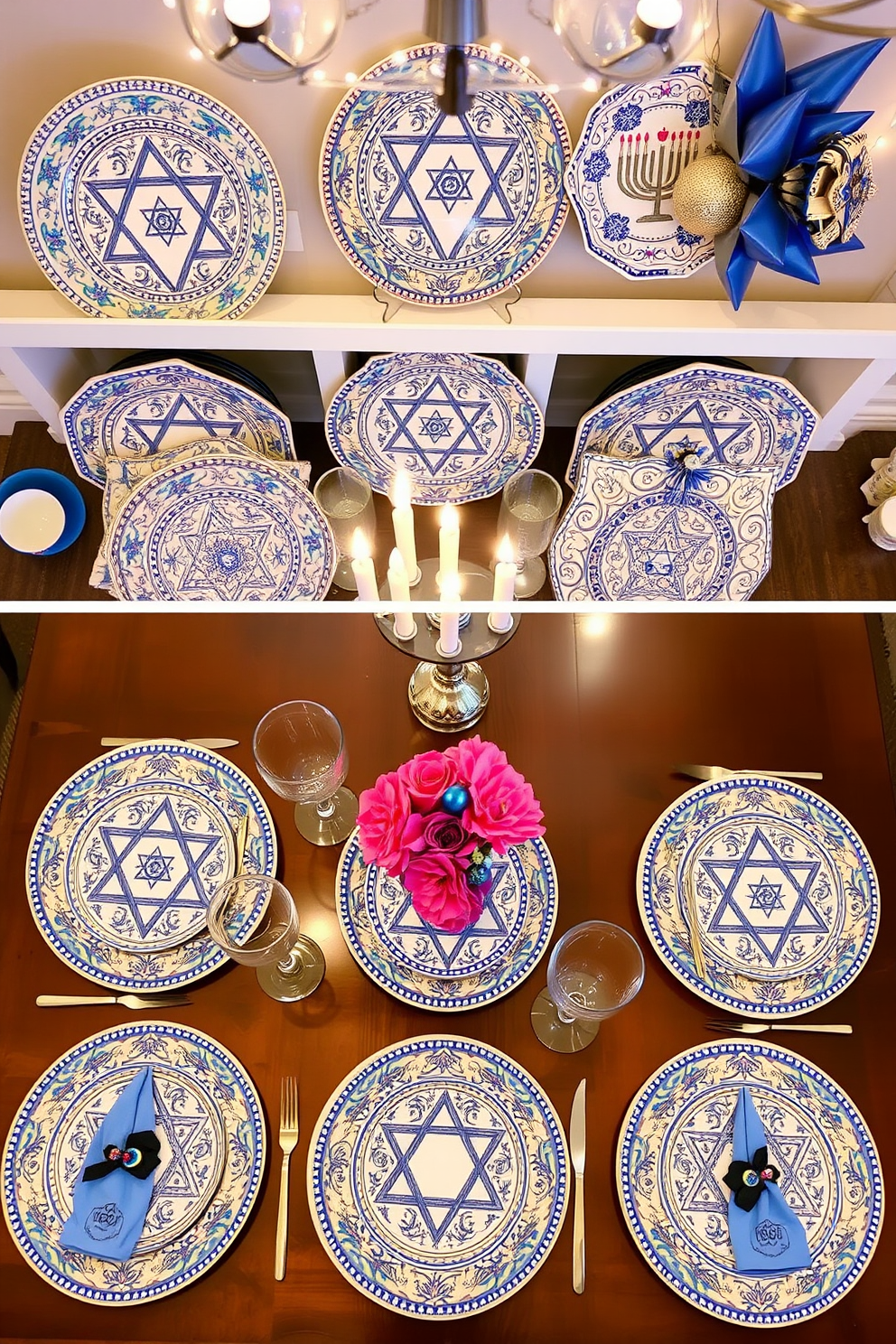 Themed dinnerware for festive meals. Elegant plates adorned with intricate patterns and vibrant colors create a joyful dining atmosphere, complemented by matching glassware and cutlery. Basement Hanukkah decorating ideas. Soft blue and silver accents transform the space, with decorative menorahs and string lights adding warmth, while cozy seating arrangements invite family gatherings.