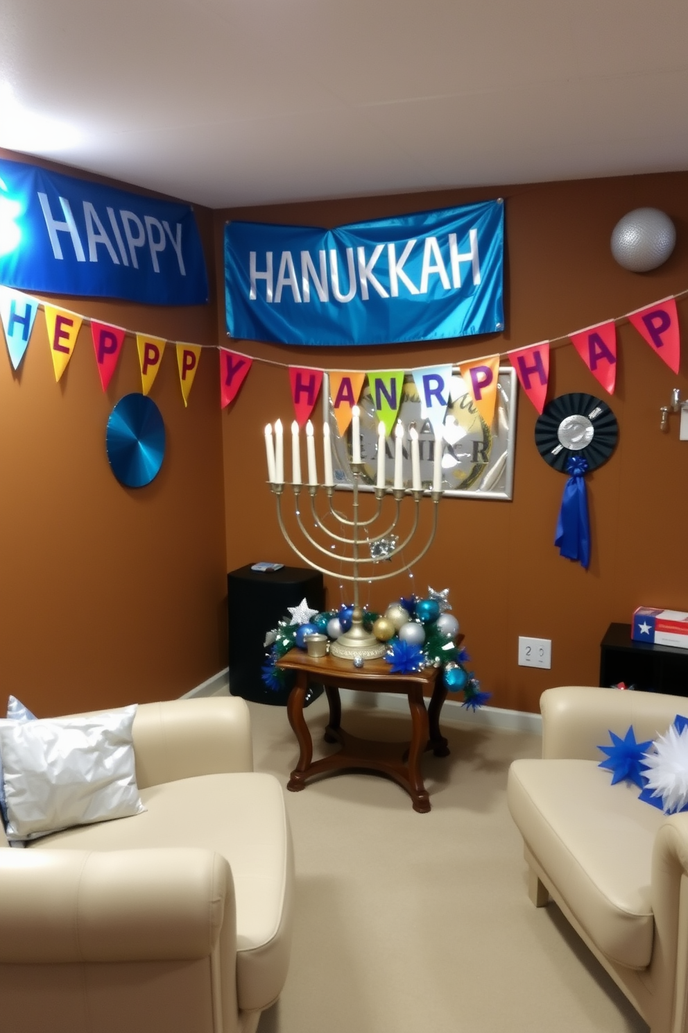 A cozy basement space is adorned with colorful banners celebrating Hanukkah. The walls are decorated with blue and silver accents, and a large menorah sits prominently on a wooden table surrounded by festive decorations.