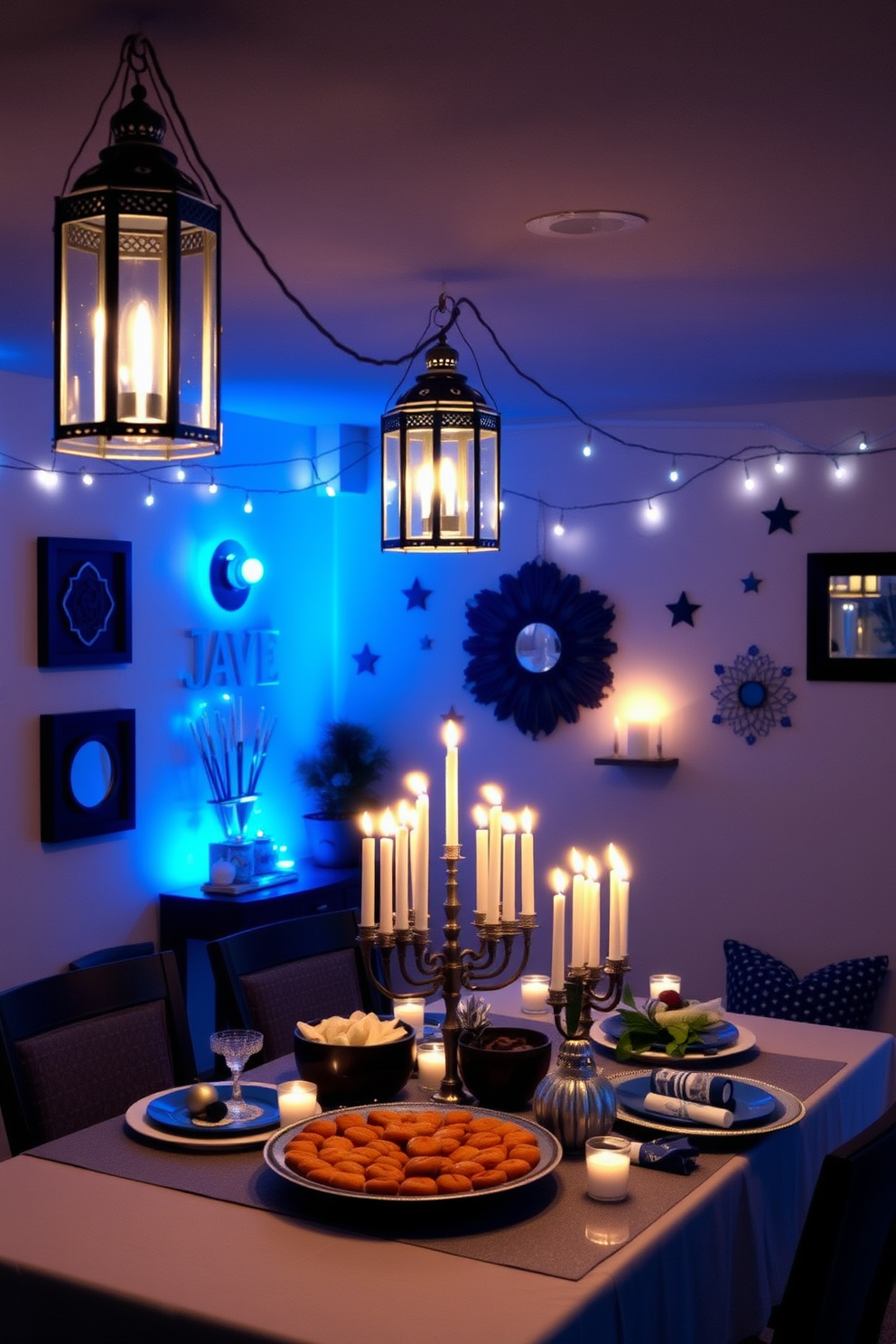 A cozy basement setting adorned for Hanukkah. Soft mood lighting is created by hanging lanterns and scattered candles, casting a warm glow throughout the space. The walls are decorated with blue and silver accents, reflecting the festive spirit. A beautifully arranged table features a menorah at the center, surrounded by traditional treats and decorative elements.