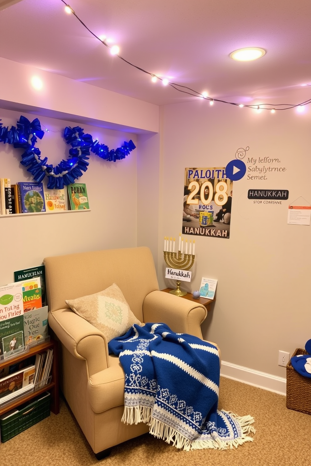 A cozy Hanukkah story corner is set up in the basement featuring a plush armchair draped with a blue and white throw blanket. Surrounding the chair are shelves filled with books about Hanukkah, creating a warm and inviting reading nook. The basement is adorned with festive Hanukkah decorations, including a menorah displayed on a table and string lights hung across the ceiling. The walls are painted in soft colors, enhancing the cheerful atmosphere of the holiday celebration.