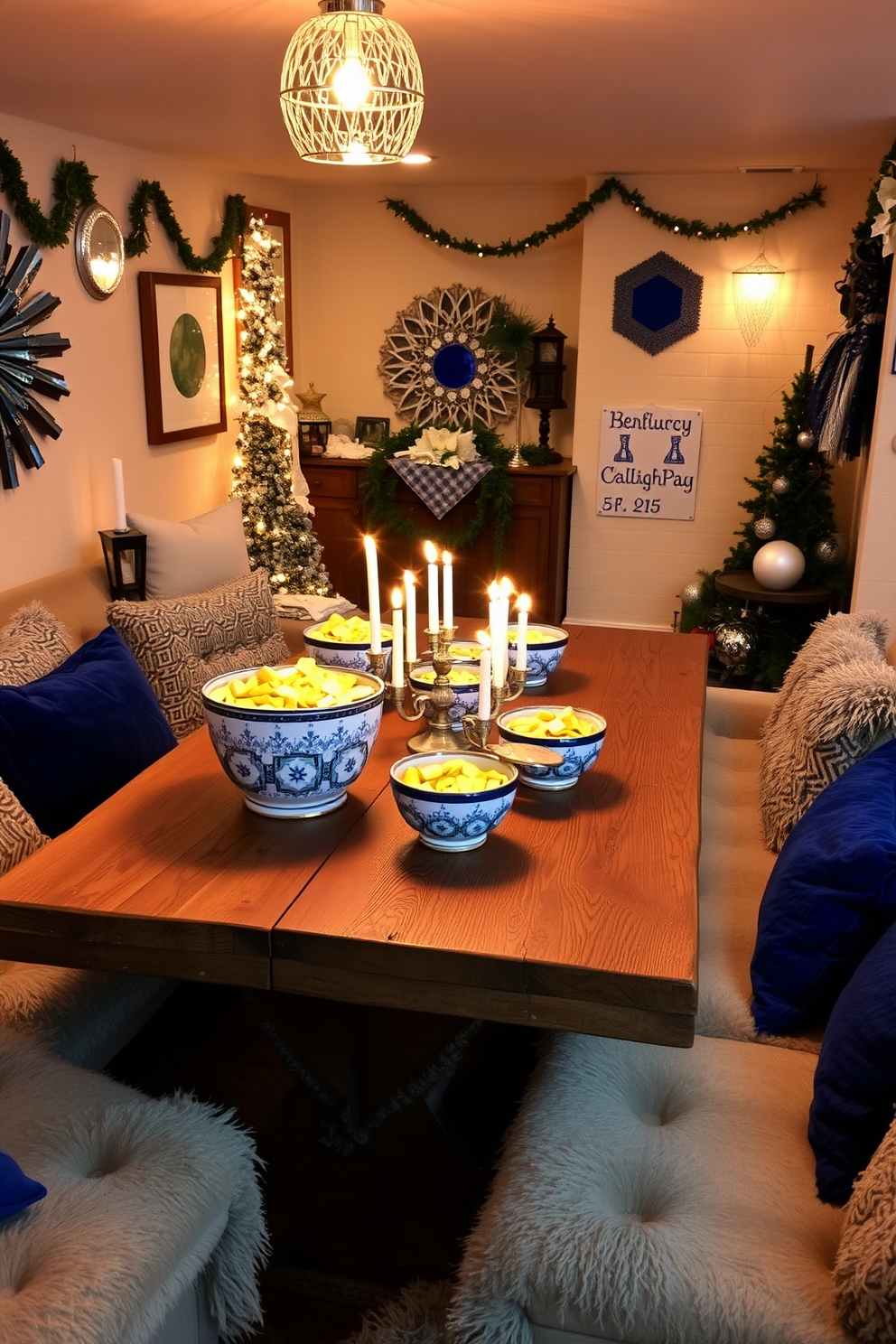 Hanukkah-themed coasters are placed on elegant side tables, featuring intricate designs of dreidels and menorahs. The coasters are complemented by soft, warm lighting that creates a cozy atmosphere for festive gatherings. The basement is adorned with festive decorations, including blue and silver garlands draped along the walls. A large menorah is prominently displayed, surrounded by colorful cushions and blankets for a comfortable seating area.