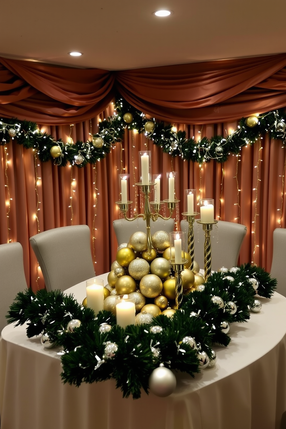 A glamorous basement setting adorned with silver and gold accents. The walls are draped with elegant fabric in rich hues, and twinkling fairy lights create a warm ambiance. A beautifully arranged table features a stunning centerpiece of gold and silver ornaments. Festive candles flicker softly, while decorative garlands enhance the overall holiday spirit.