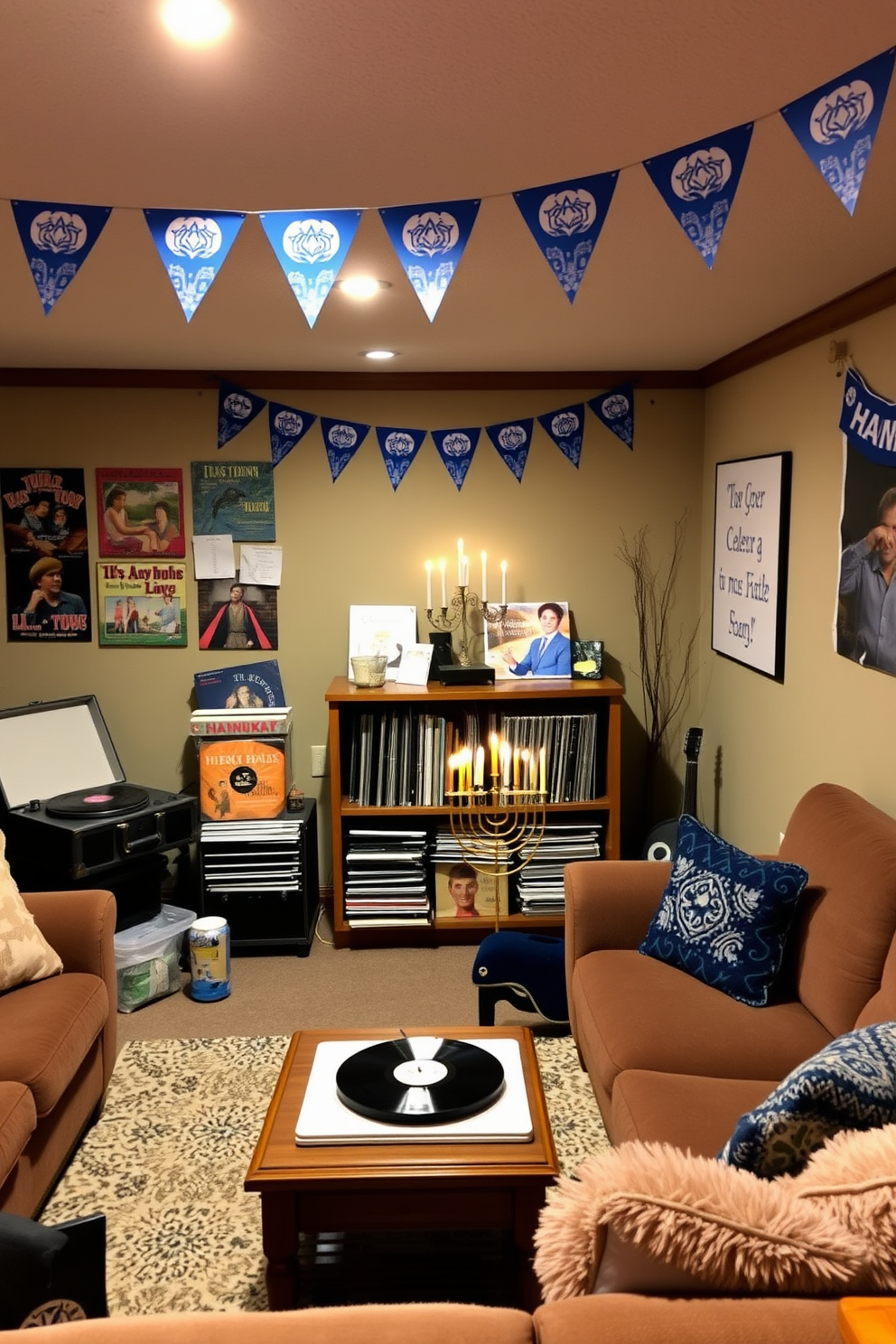 A cozy basement space designed for celebrating Hanukkah. The room features a traditional music setup with a vintage record player and an assortment of vinyl records displayed on a wooden shelf. Festive decorations adorn the walls, including blue and white banners and a beautifully lit menorah on the coffee table. Plush seating invites family and friends to gather and enjoy the warm atmosphere.