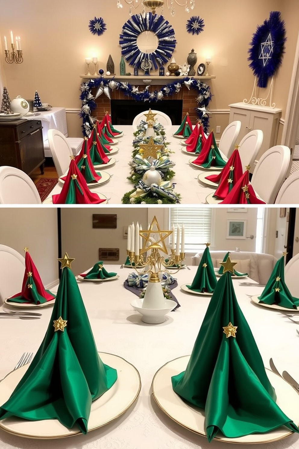 Brightly colored tablecloth drapes over a long wooden dining table, creating a cheerful atmosphere for the festive gathering. Surrounding the table are mismatched chairs adorned with vibrant cushions, enhancing the playful and welcoming vibe of the basement space. The walls are decorated with handmade ornaments and string lights that twinkle softly, adding warmth to the room. A large menorah sits at the center of the table, surrounded by an array of traditional treats and festive decorations, inviting guests to celebrate together.