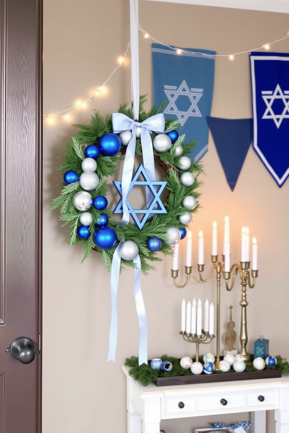 Festive wall art featuring vibrant Hanukkah symbols adorns the walls, creating a joyful atmosphere. The artwork includes traditional motifs such as menorahs, dreidels, and stars of David, all in rich blues and golds. The basement is transformed into a cozy celebration space with twinkling string lights and a beautifully decorated Hanukkah table. Plush seating arrangements are complemented by festive cushions, and a display of latkes and sufganiyot adds to the festive spirit.