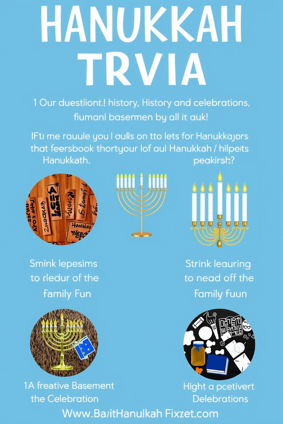 A festive Hanukkah trivia game designed for family fun. The game includes questions about Hanukkah traditions, history, and celebrations to engage players of all ages. Creative basement decorating ideas for Hanukkah celebrations. The space features string lights, a large menorah, and themed decorations to create a warm and inviting atmosphere.