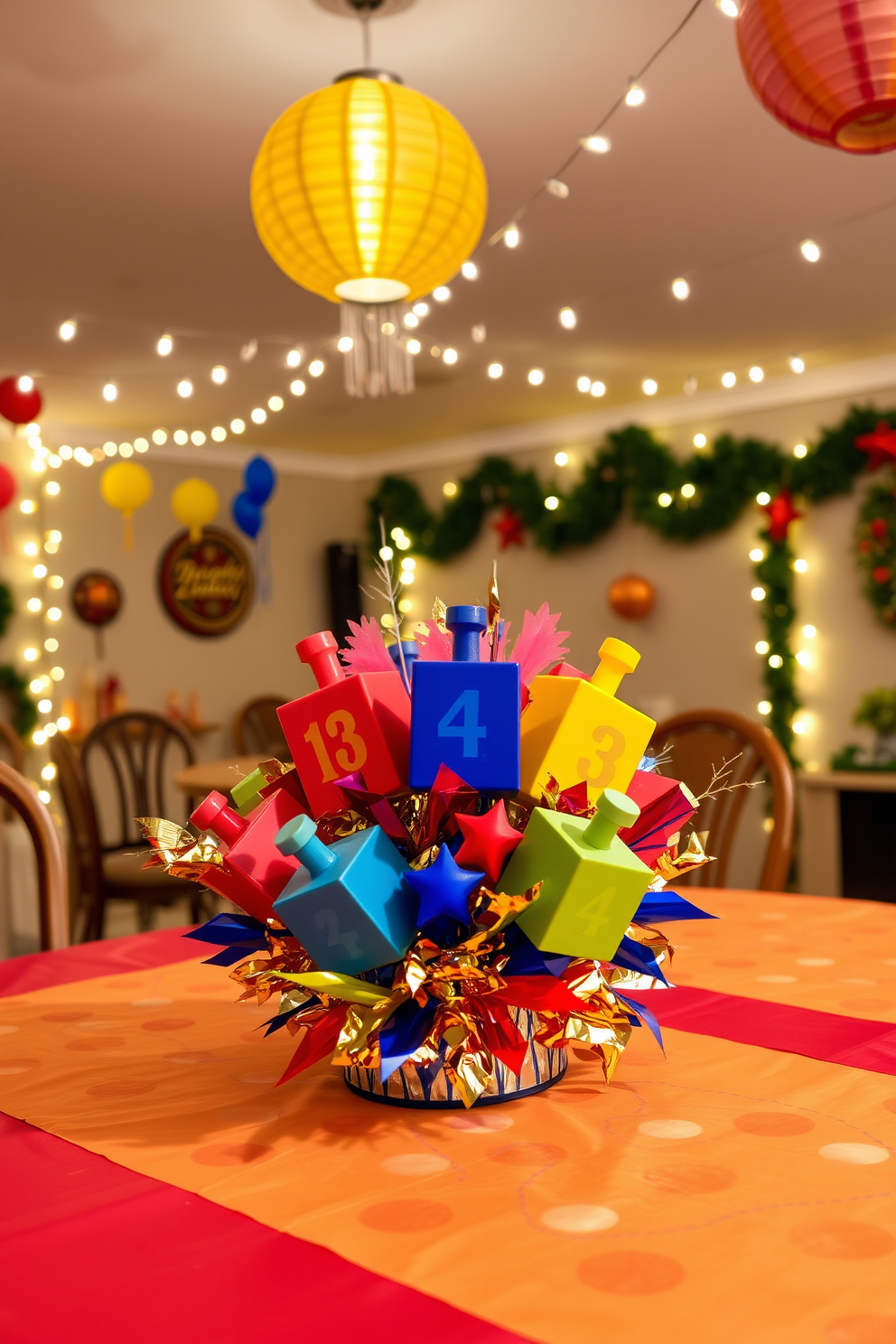 A colorful dreidel centerpiece arrangement sits prominently on a festive table. The dreidels are arranged in a circular pattern, surrounded by shimmering gold and silver foil, with vibrant blue and red accents that capture the spirit of Hanukkah. In the background, soft string lights twinkle, casting a warm glow over the space. The basement walls are adorned with festive decorations, including paper lanterns and garlands, creating a cheerful atmosphere for holiday gatherings.