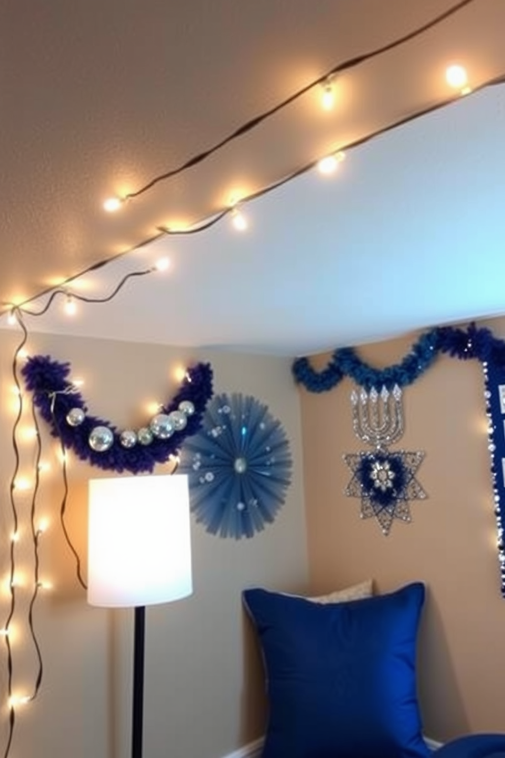 Create a cozy basement space adorned with string lights that emit a warm and inviting glow. The walls are decorated with festive Hanukkah-themed decorations, including blue and silver accents that enhance the holiday spirit.