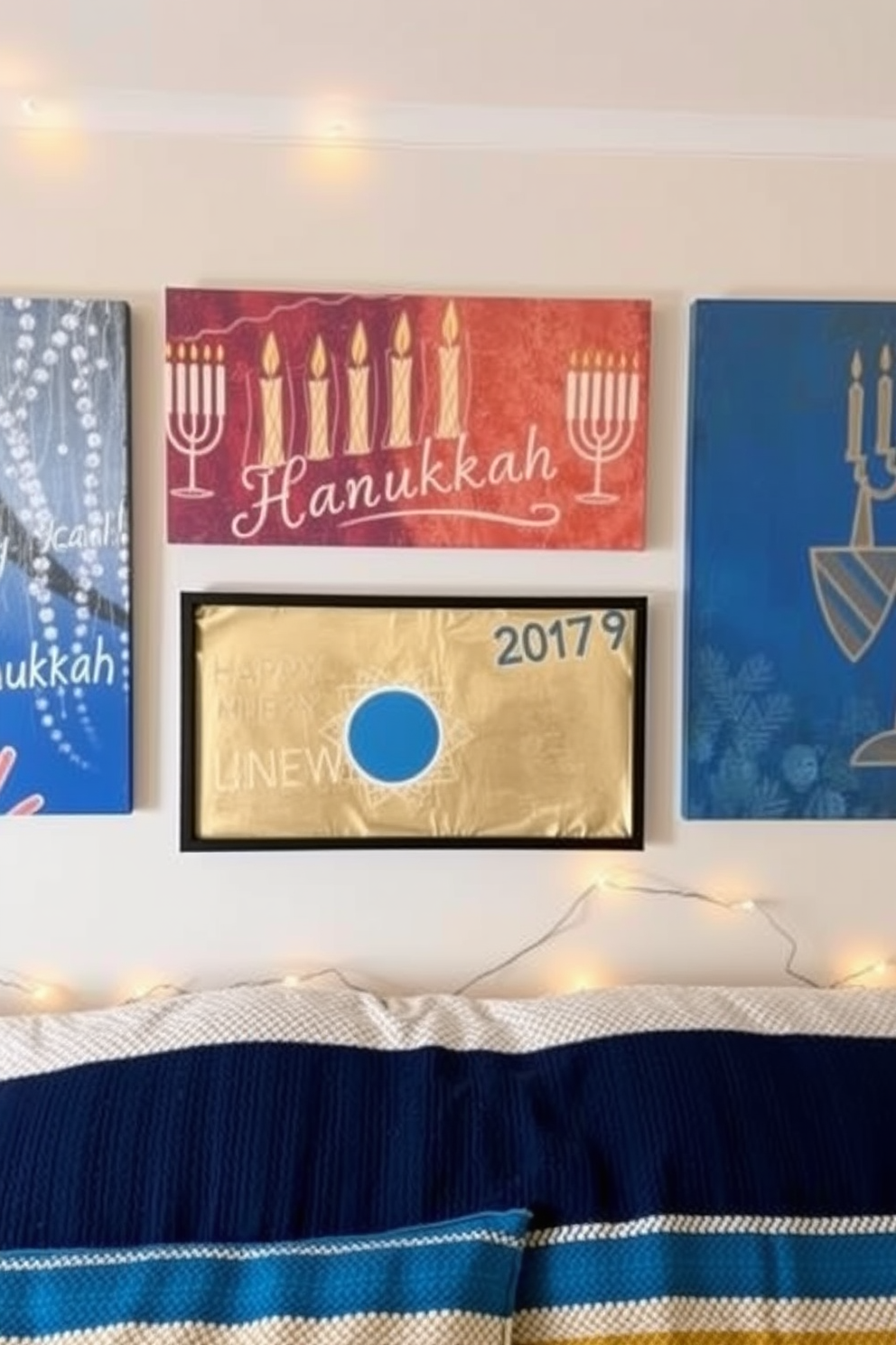 Creative wall art featuring Hanukkah themes. The artwork includes vibrant blues and golds, depicting menorahs and dreidels, adding a festive touch to the space. Basement Hanukkah decorating ideas that create a warm and inviting atmosphere. Incorporate string lights and cozy textiles to enhance the celebratory spirit while maintaining a comfortable environment.