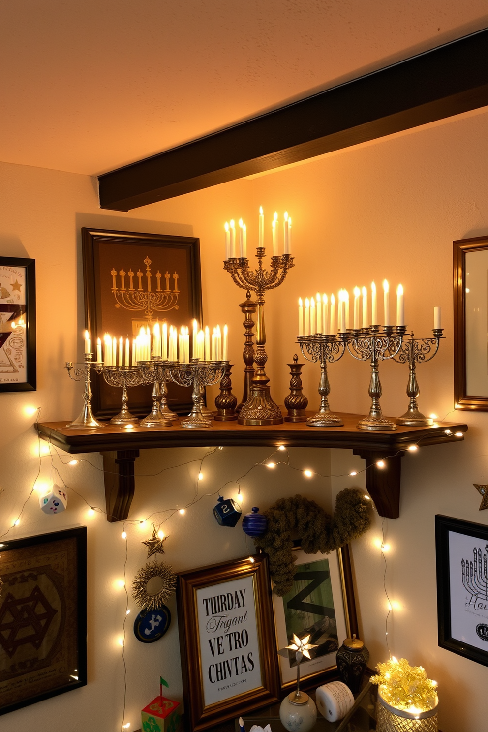 A vibrant kids corner featuring colorful dreidel games and playful seating arrangements. The walls are adorned with festive Hanukkah decorations, creating a cheerful atmosphere for family gatherings.