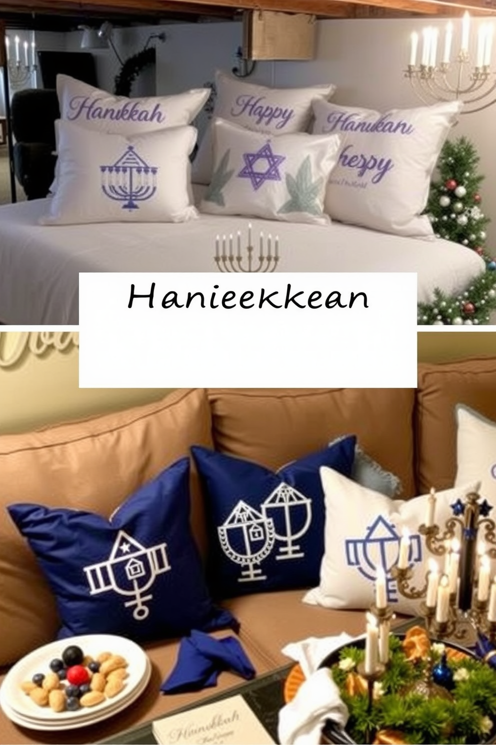 Hanukkah themed throw pillows featuring blue and white designs with menorahs and dreidels. The pillows are arranged on a cozy sofa, creating a festive and inviting atmosphere. A basement space transformed for Hanukkah celebrations with festive decorations. Soft lighting, a beautifully set table with traditional foods, and a decorative menorah enhance the holiday spirit.