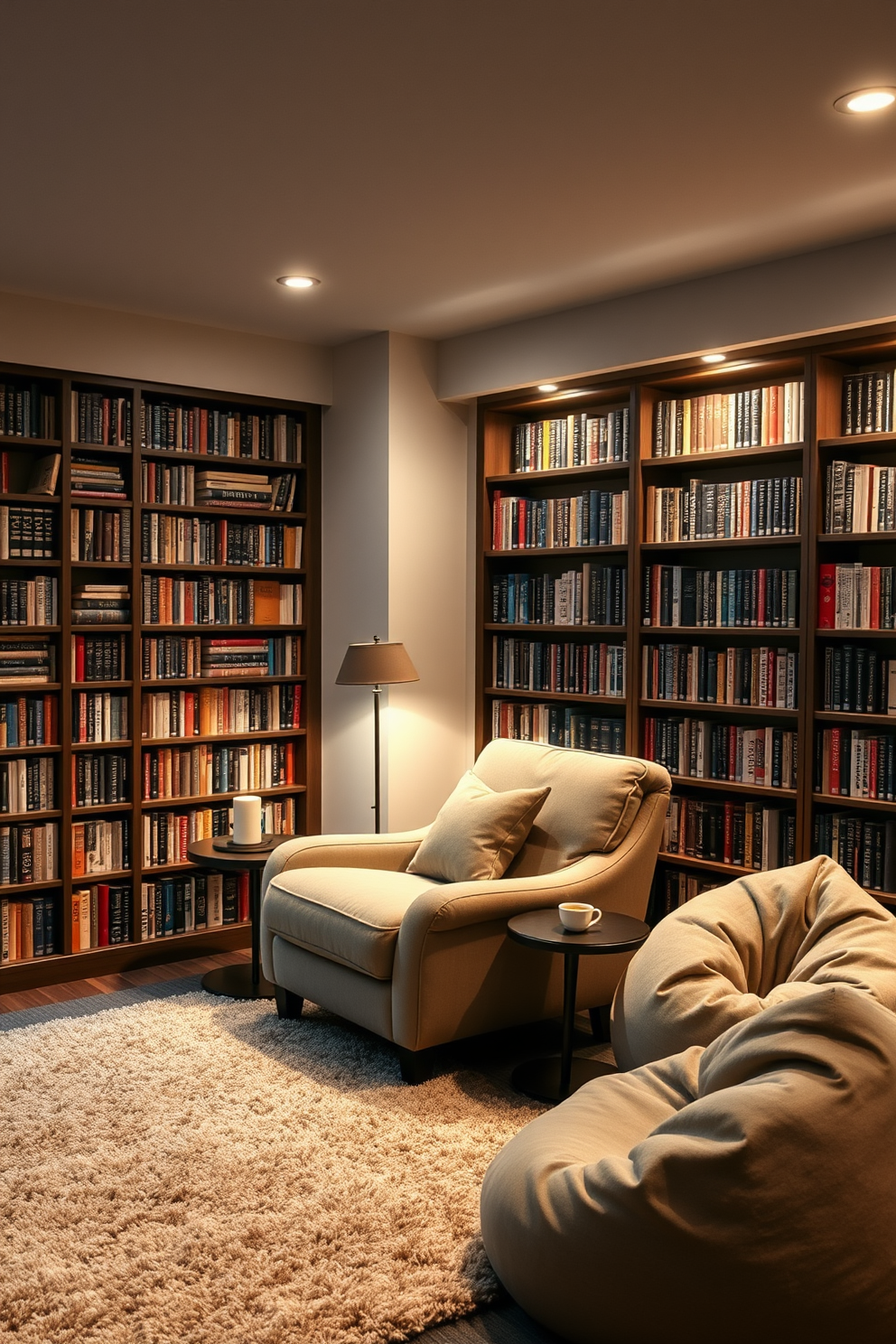 A cozy reading nook by the window features a plush armchair upholstered in soft fabric with a warm throw blanket draped over one side. A small side table holds a stack of books and a steaming cup of tea while natural light pours in through the sheer curtains. The basement home library is designed with built-in wooden shelves that stretch from floor to ceiling filled with an array of books. A comfortable sofa invites relaxation, complemented by a stylish rug and ambient lighting from elegant floor lamps.