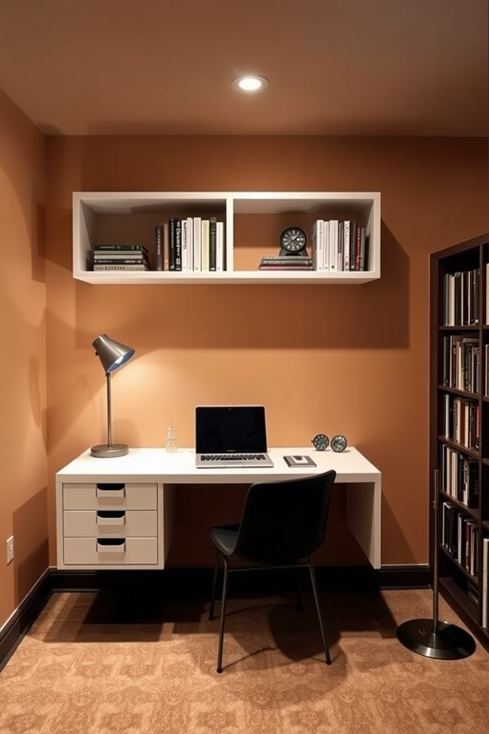 A wall-mounted desk is designed for maximum workspace efficiency, featuring clean lines and a minimalist aesthetic. The desk is paired with floating shelves above, showcasing books and decorative items in a cozy basement home library setting. The walls are painted in a warm, inviting color, creating an atmosphere conducive to reading and productivity. Soft, ambient lighting is incorporated through recessed fixtures and a stylish floor lamp, enhancing the library's charm and functionality.