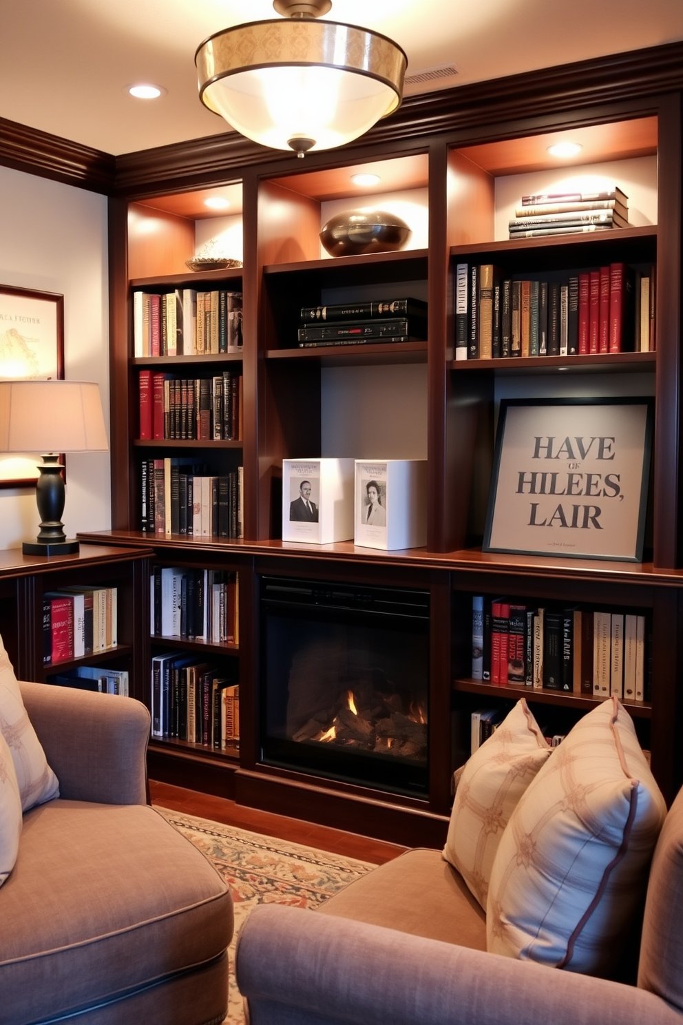 A cozy basement home library featuring decorative bookends that add a touch of elegance to the shelves. The space is illuminated by warm lighting, with plush seating arranged for comfortable reading.