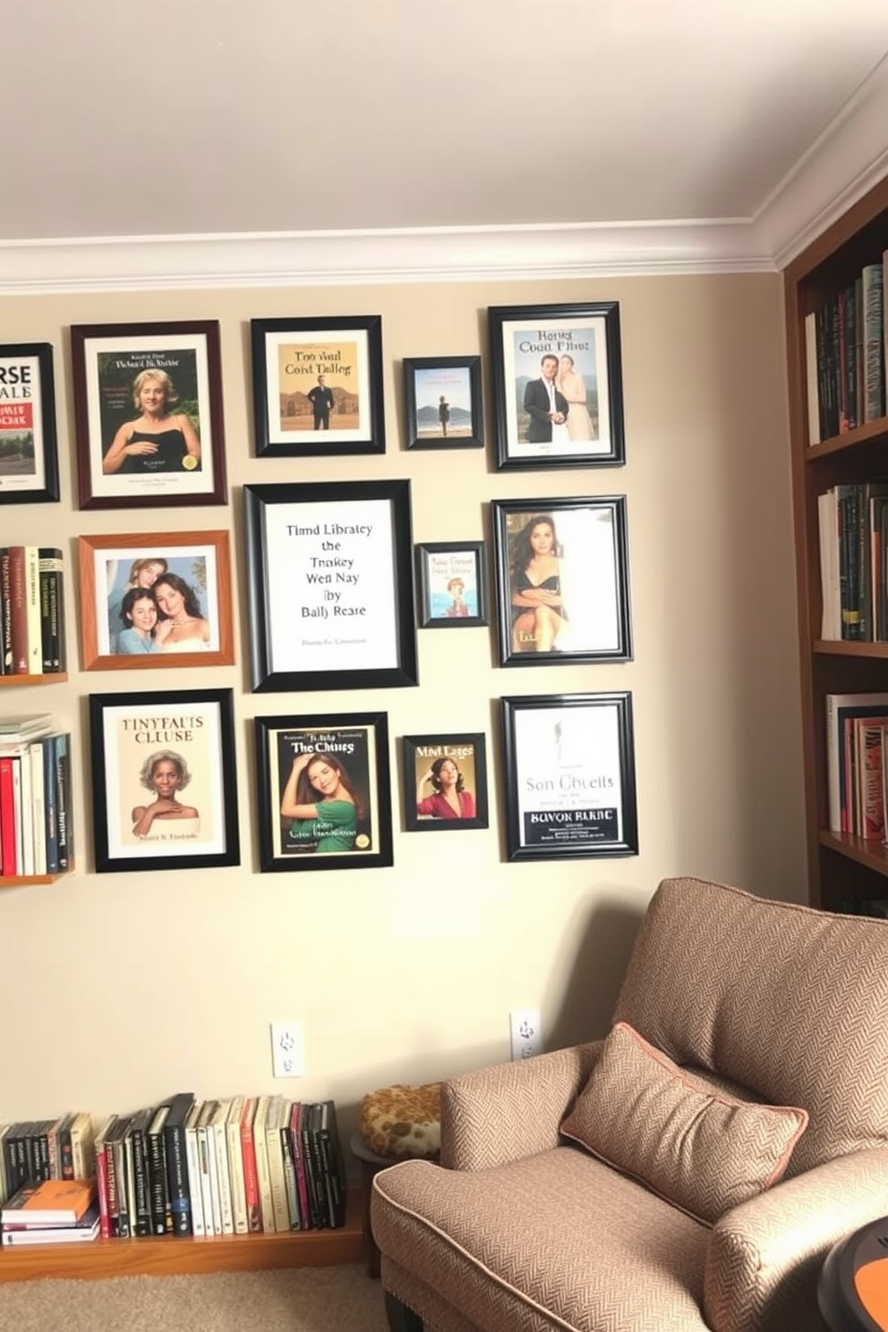 A cozy basement home library featuring a gallery wall adorned with an eclectic collection of framed book covers. The space is illuminated by warm lighting, creating an inviting atmosphere for reading and relaxation.