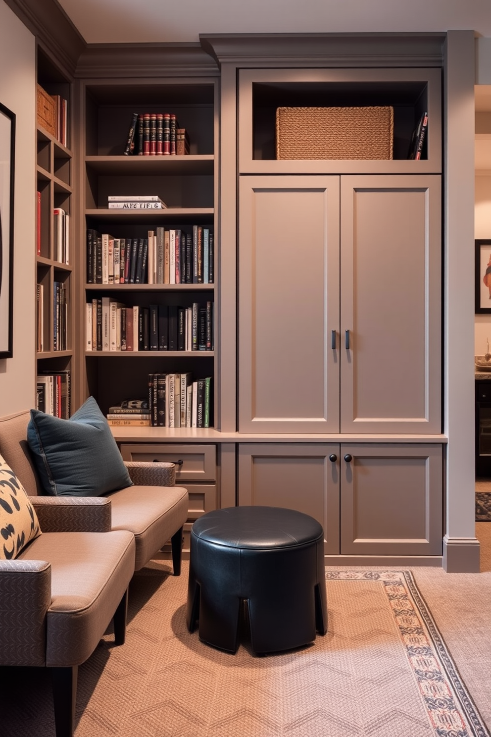 Create a cozy basement home library featuring hidden storage solutions for books and supplies. Incorporate built-in shelving units that blend seamlessly into the walls, with discreet compartments to keep the space organized and clutter-free.