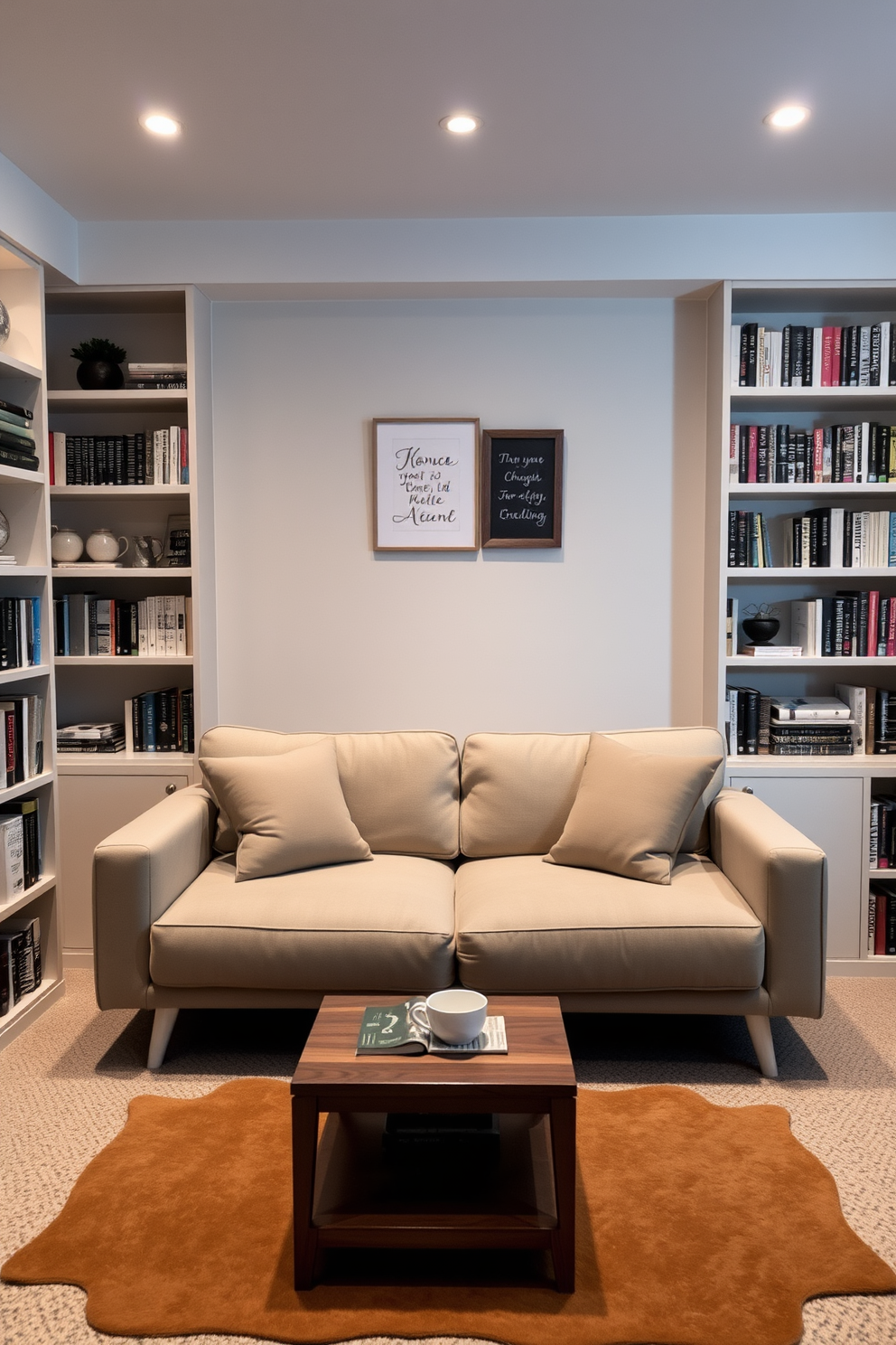 A compact sofa bed is positioned against a wall, featuring a sleek design with soft upholstery in a neutral color. Shelves filled with books and decorative items surround the sofa, creating a cozy reading nook. The basement home library is illuminated by warm lighting, enhancing the inviting atmosphere. A small coffee table sits in front of the sofa bed, perfect for enjoying a cup of tea while immersed in a good book.