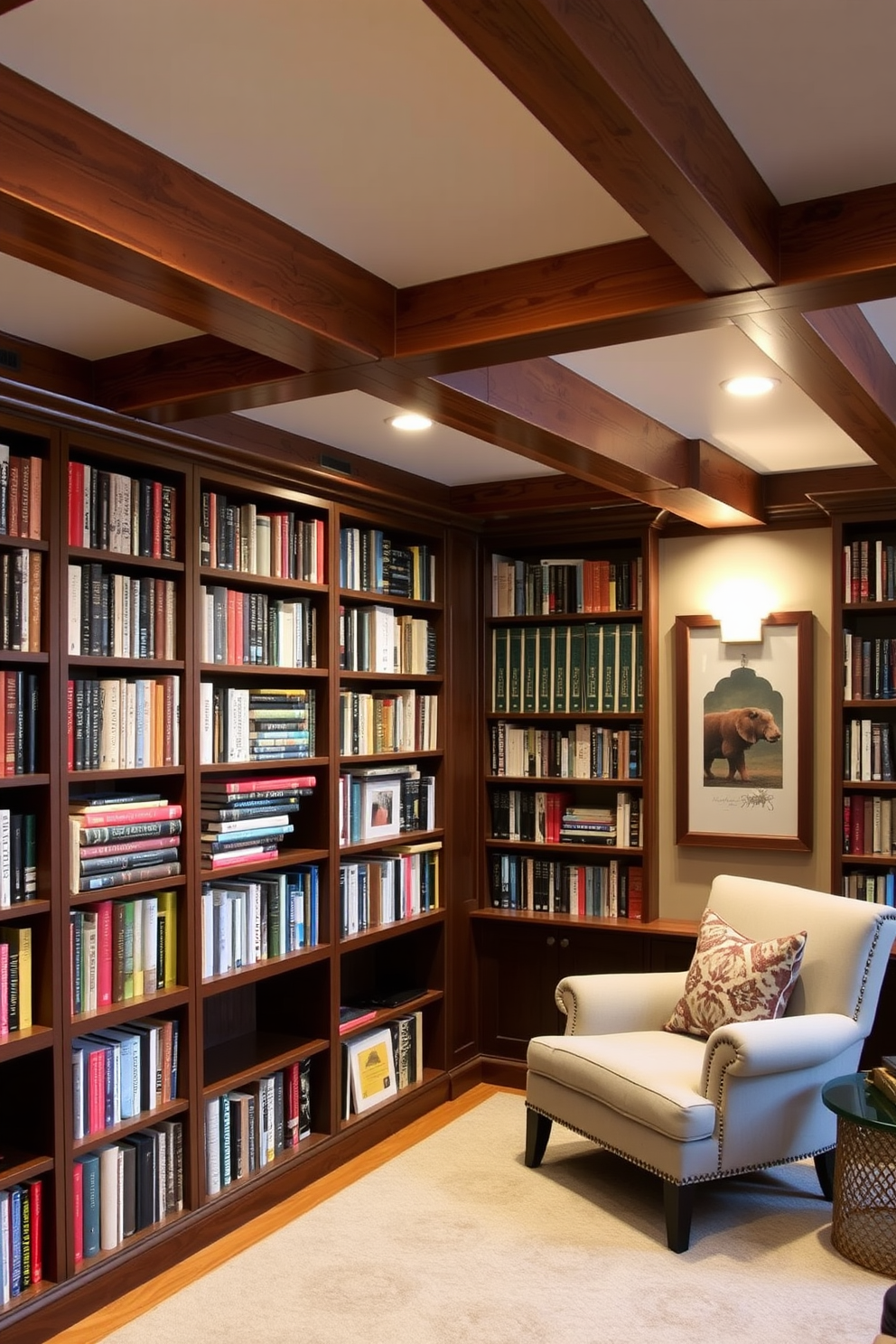 A cozy seating area featuring plush cushions in various textures and colors. The space is illuminated by warm lighting, creating an inviting atmosphere for reading and relaxation. The basement home library is designed with built-in shelves filled with books and comfortable seating options. A large area rug anchors the space, adding warmth and style to the overall design.