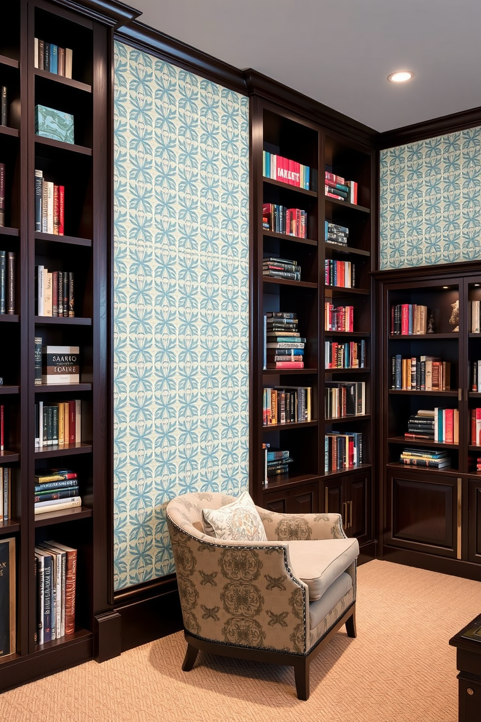 Accent wall with bold wallpaper design. The wallpaper features a vibrant geometric pattern that energizes the space and adds visual interest. Basement home library design ideas. The library is filled with floor-to-ceiling bookshelves made of dark wood, complemented by a cozy reading nook with a plush armchair and warm lighting.