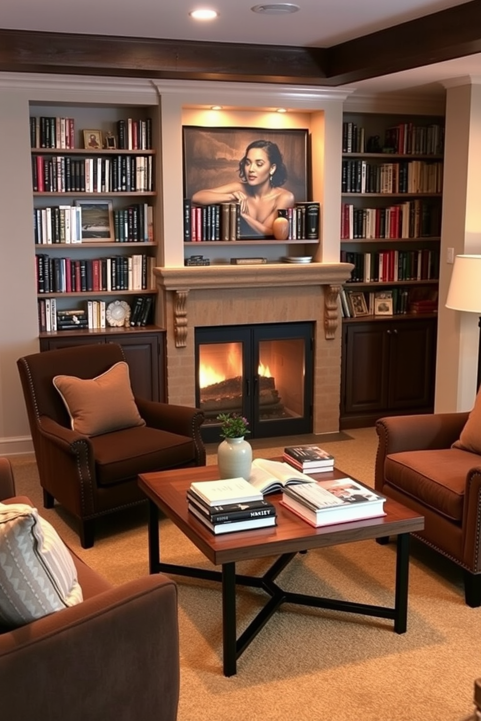 A cozy basement home library featuring a small coffee table designed for reading essentials. The table is surrounded by plush armchairs, and warm ambient lighting creates an inviting atmosphere.