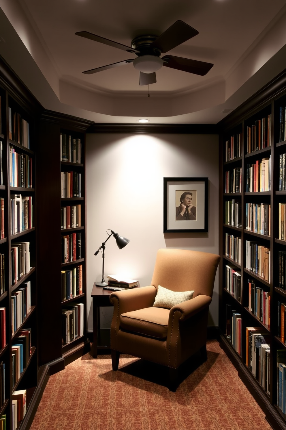 A cozy basement home library featuring adjustable task lighting that provides focused illumination for reading. The walls are lined with dark wooden bookshelves filled with an extensive collection of books, and a plush armchair is placed in the corner for comfortable seating.