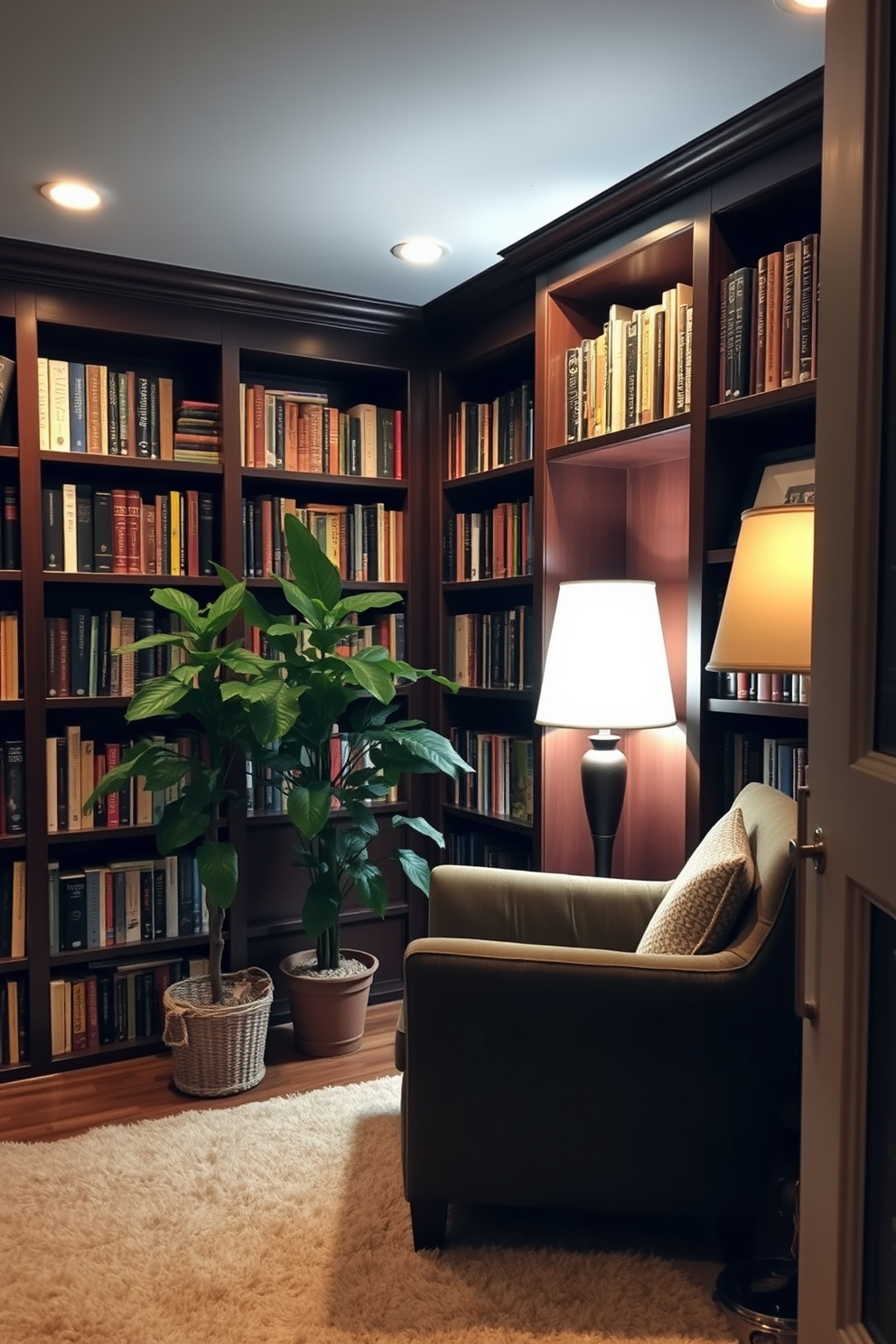 A cozy basement home library featuring dark wooden bookshelves filled with a variety of books. A large, comfortable armchair is positioned next to a floor lamp, creating a perfect reading nook. A lush potted plant sits in the corner, bringing a touch of greenery and fresh air to the space. Soft, ambient lighting enhances the warm atmosphere, while a plush area rug adds comfort underfoot.