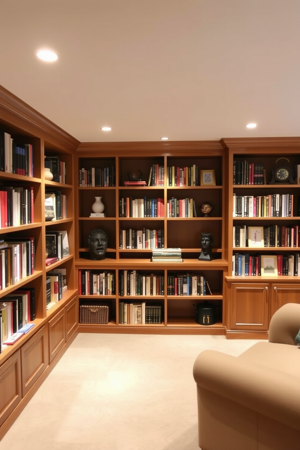 A cozy basement home library features built-in bookshelves that stretch from floor to ceiling, filled with an array of books and decorative items. Soft, warm lighting illuminates the space, creating an inviting atmosphere for reading and relaxation.