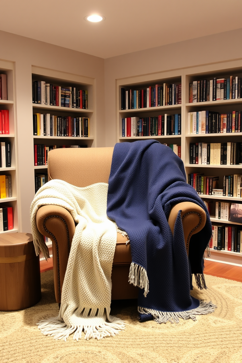 Cozy throw blankets draped over a plush armchair invite relaxation in a warm basement home library. Shelves filled with books line the walls, while soft lighting creates an inviting atmosphere for reading and unwinding.