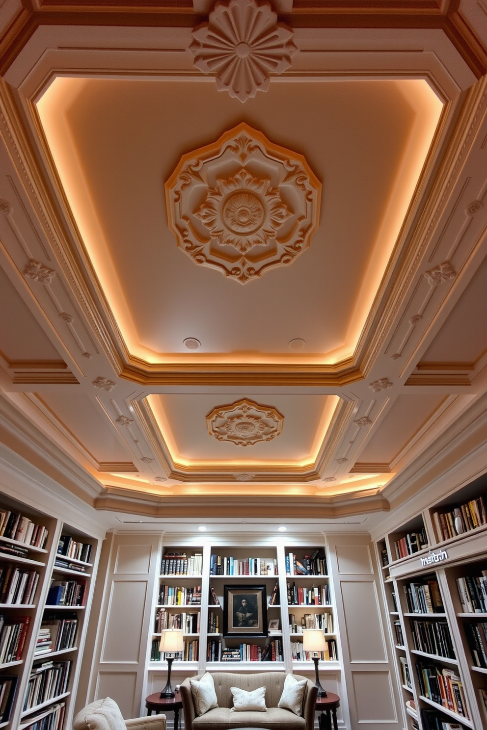 Artistic ceiling design featuring intricate moldings and a soft color palette that adds depth and elegance to the space. The ceiling is adorned with ambient lighting fixtures that create a cozy atmosphere while enhancing the artistic elements. Basement home library design incorporating built-in bookshelves that stretch from floor to ceiling, filled with a diverse collection of books. A comfortable reading nook with plush seating and warm lighting invites relaxation and inspires creativity.