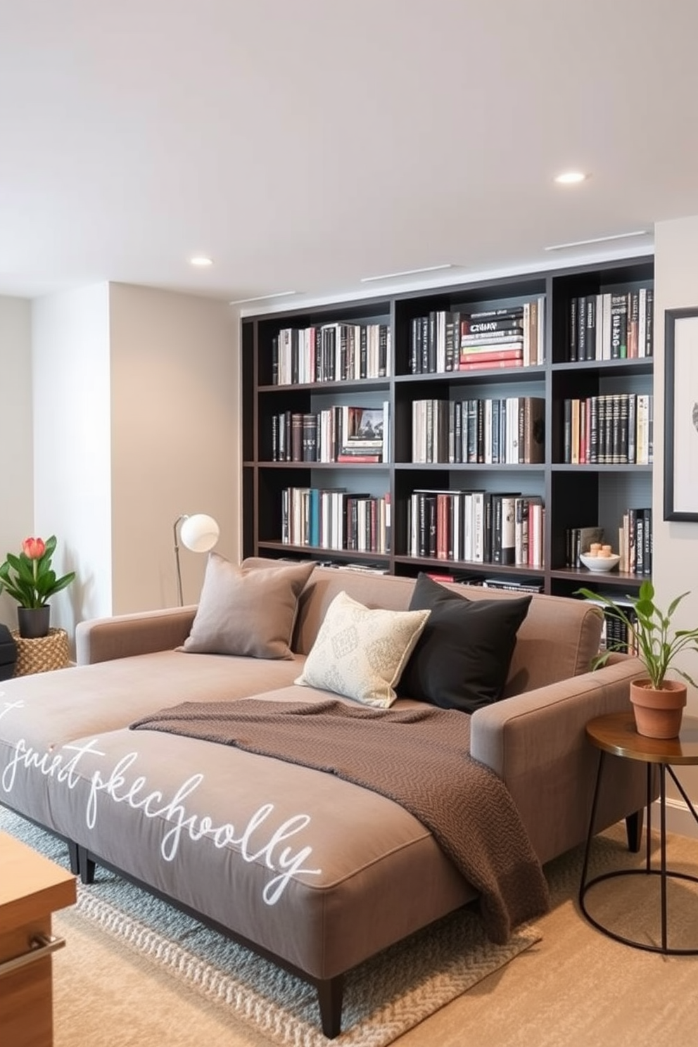 A cozy basement home library features built-in wooden bookshelves that reach from floor to ceiling, filled with an extensive collection of books. Soft ambient lighting illuminates the space, while comfortable seating is arranged around a central coffee table, creating an inviting reading nook. Lush green plants are strategically placed throughout the library, adding a fresh and vibrant touch to the room. A large potted plant sits in the corner, while smaller succulents adorn the shelves, enhancing the overall aesthetic and promoting a calming atmosphere.