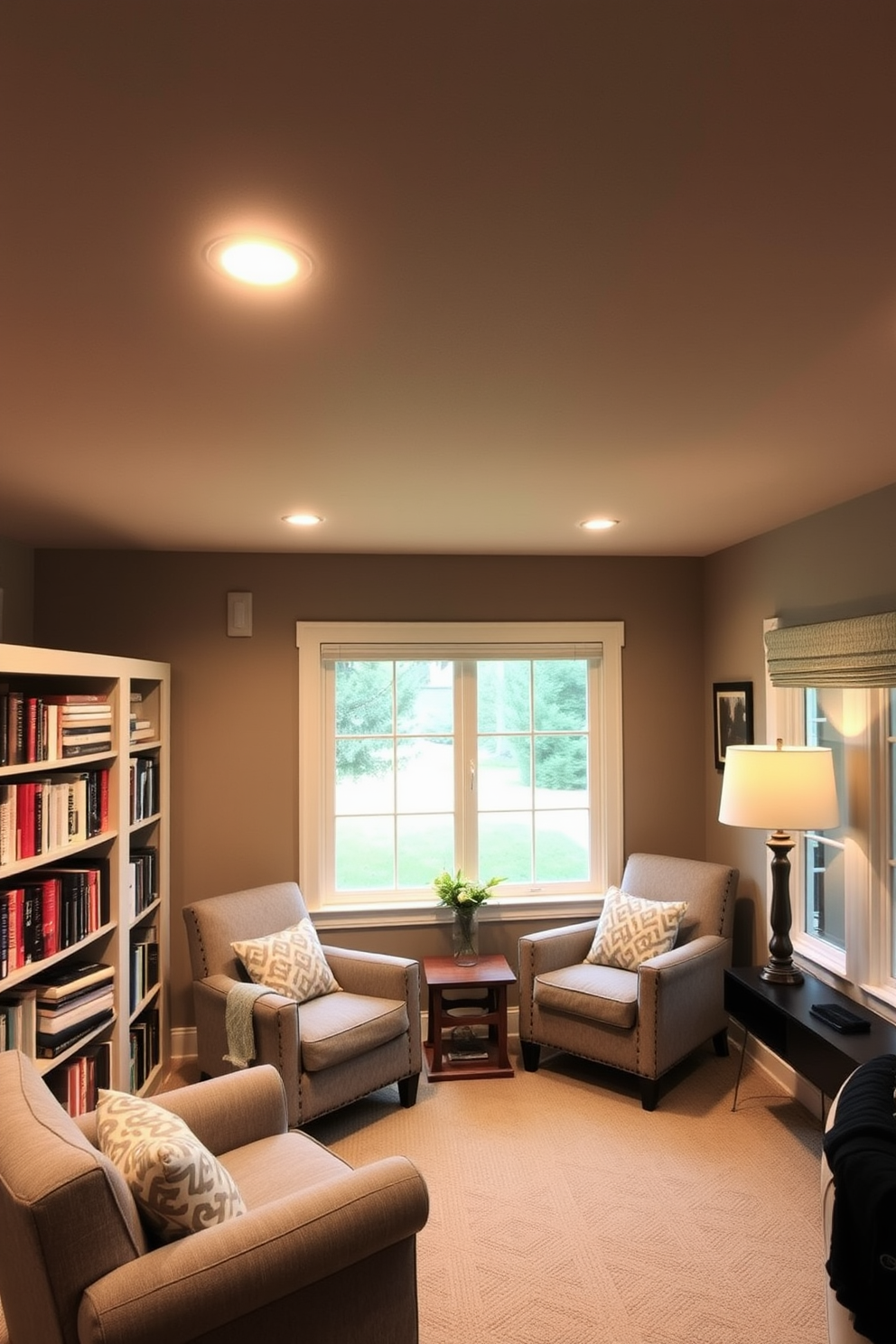 A cozy basement home library featuring a personalized bookshelf filled with favorite titles. The walls are painted in a warm taupe color, and a comfortable reading nook with plush armchairs is situated near a large window.