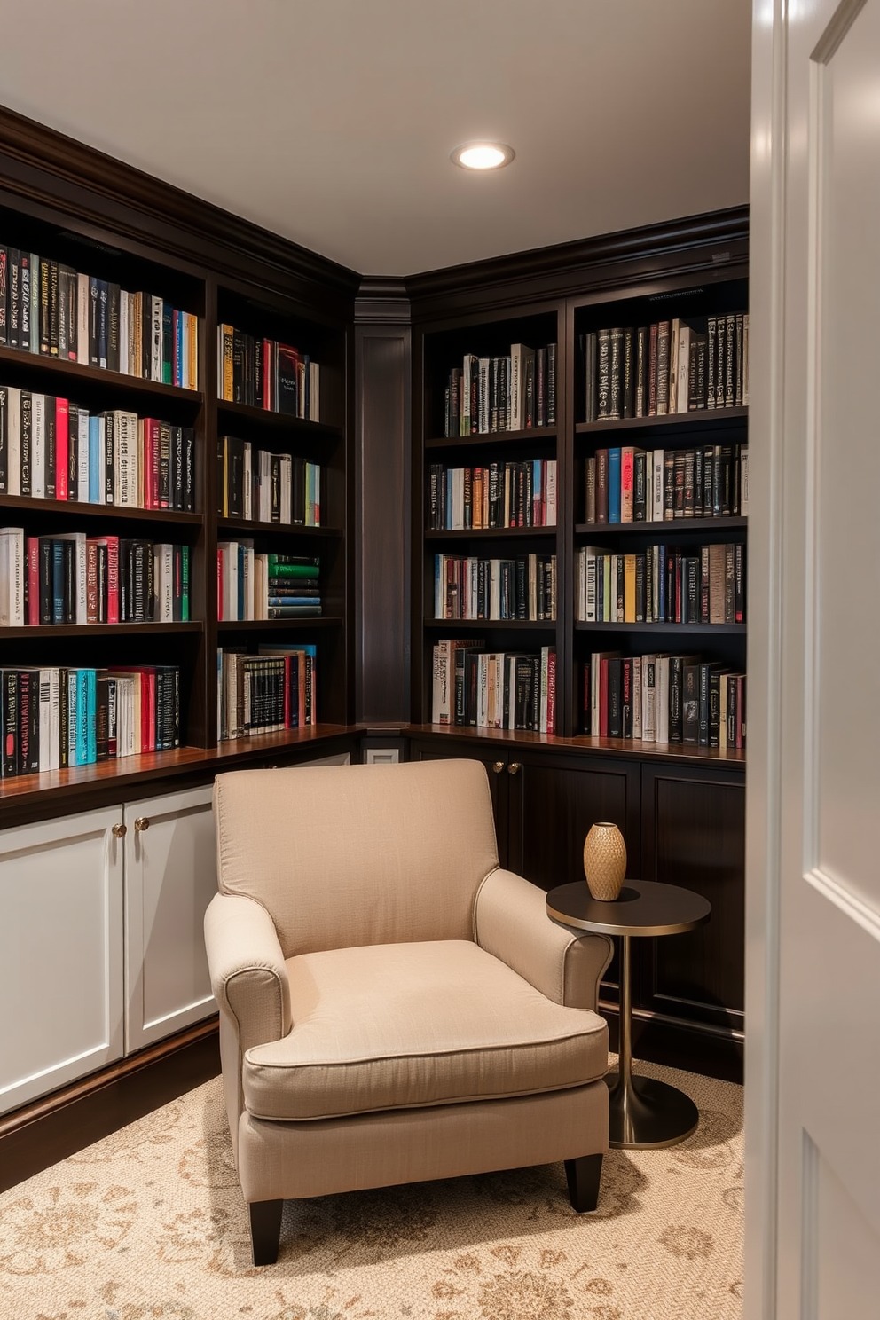 A cozy basement home library designed as a quiet corner with soundproofing features. The walls are lined with dark wood bookshelves filled with books, and a plush armchair sits in the corner next to a small side table.