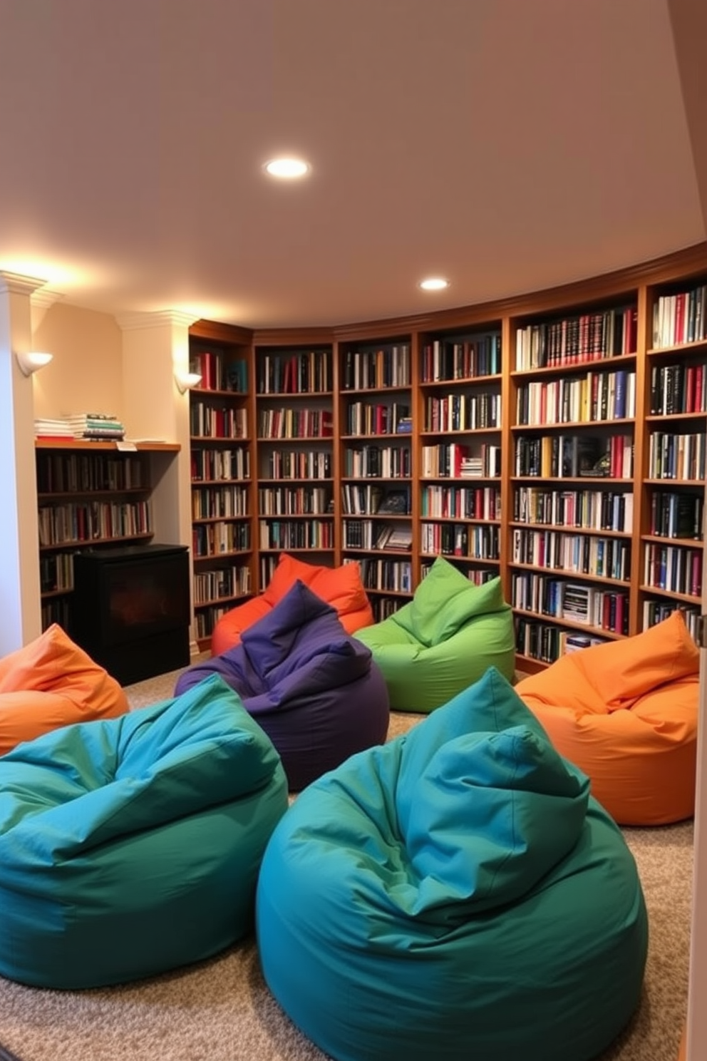 A cozy basement home library features colorful bean bags arranged in a casual seating area. Bookshelves line the walls, filled with a variety of books, while warm lighting creates an inviting atmosphere.